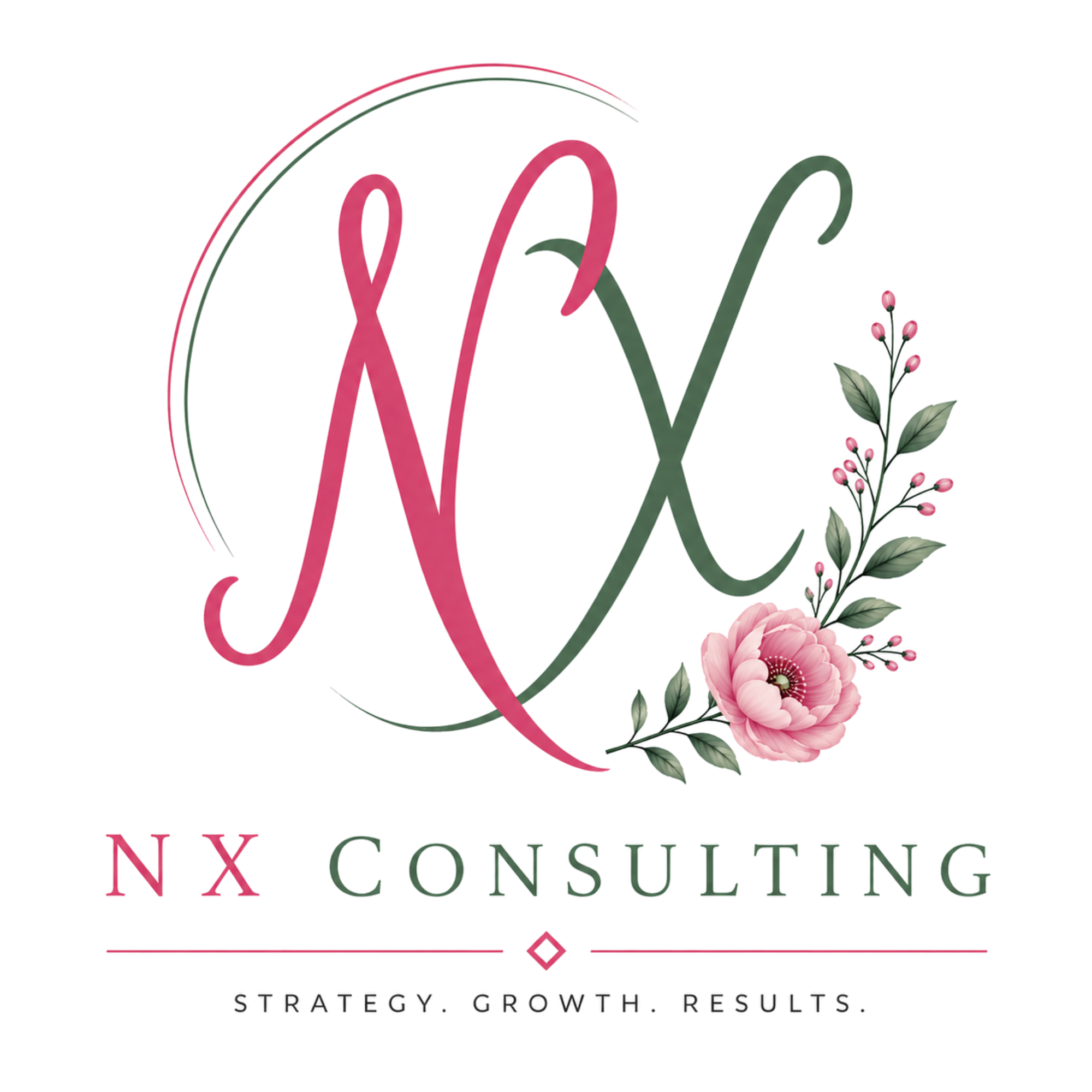 A logo for NY Consulting featuring pink and green cursive text. The words "Strategy. Growth. Results." appear below the logo. There is a pink flower and greenery beside the text.