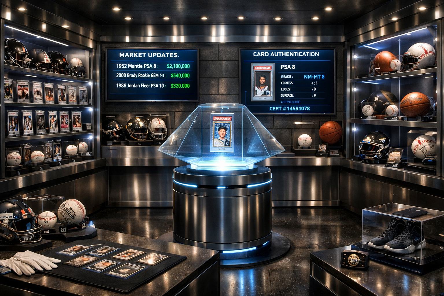 A sports memorabilia display room featuring football helmets, trading cards, and a framed sports card illuminated in a glass case. There are digital screens showing market updates and card authentication details, with various sports equipment and collectibles showcased on shelves and tables.