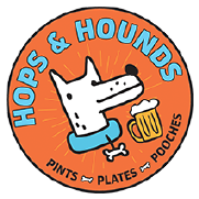 Logo for Hops & Hounds featuring a cartoon dog with a beer mug, surrounded by orange circle with blue text