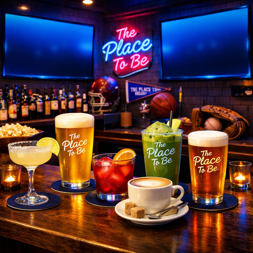 Various drinks on a wooden bar counter with a neon sign reading 'The Place To Be' in the background, along with sports memorabilia, bar supplies, and two large TV screens