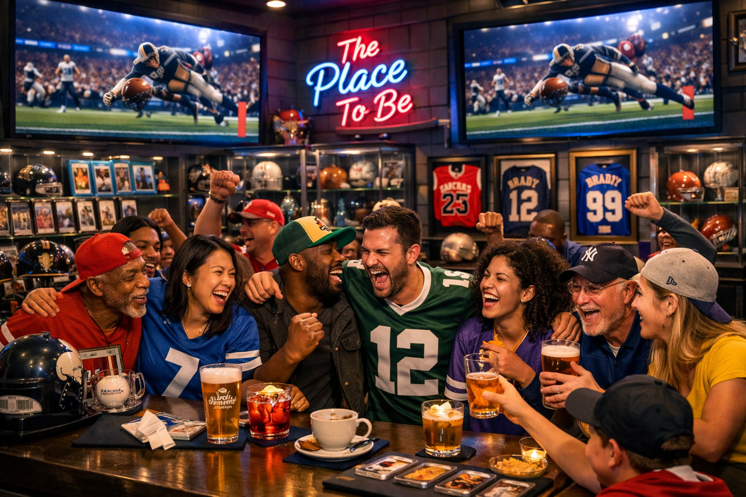 Group of diverse friends celebrating, singing, and laughing while watching football games at a bar decorated with trophies and framed jerseys, with two screens showing football players in action and a neon sign reading 'The Place To Be'.