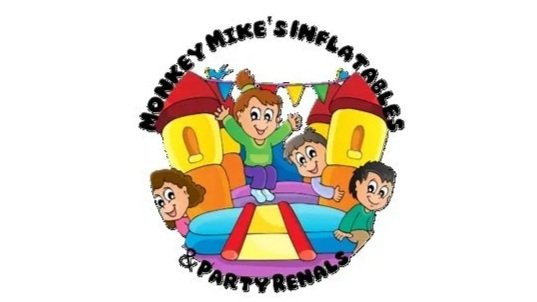 Colorful illustration of children playing on a bounce house with the text 'Monkey Mike's Inflatable & Party Rentals' arched above.