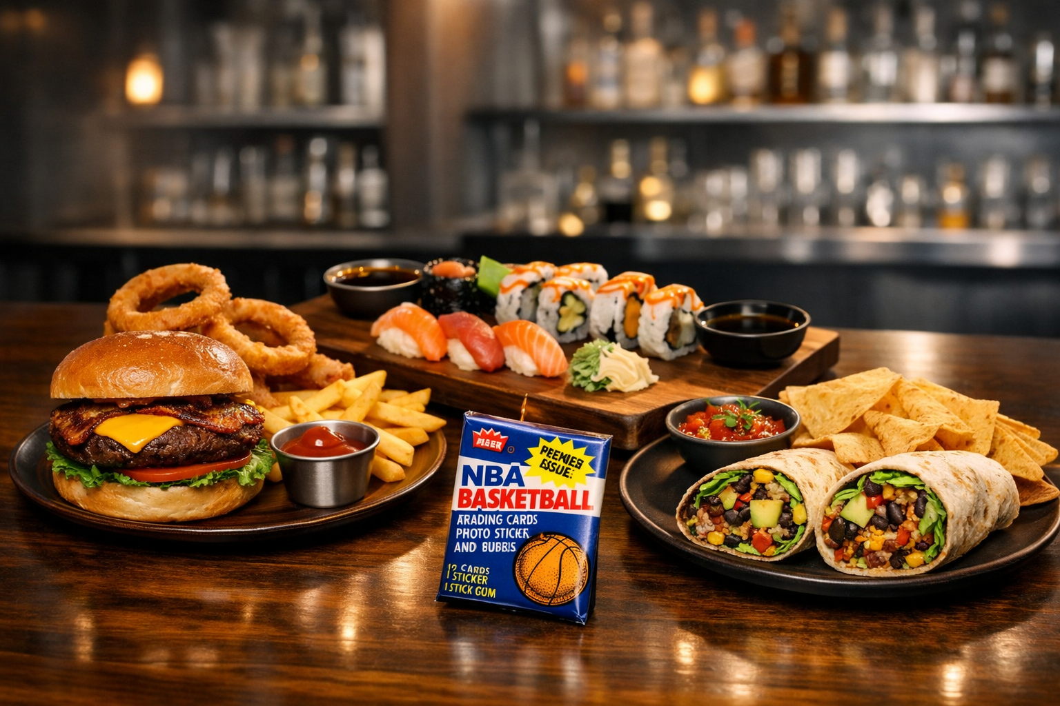 Assorted foods on a wooden table, including a burger with onion rings and fries, a sushi platter with various rolls and sashimi, a burrito cut in half with vegetables and beans, a bowl of salsa, two small dishes of soy sauce, and a deck of NBA basketball playing cards.