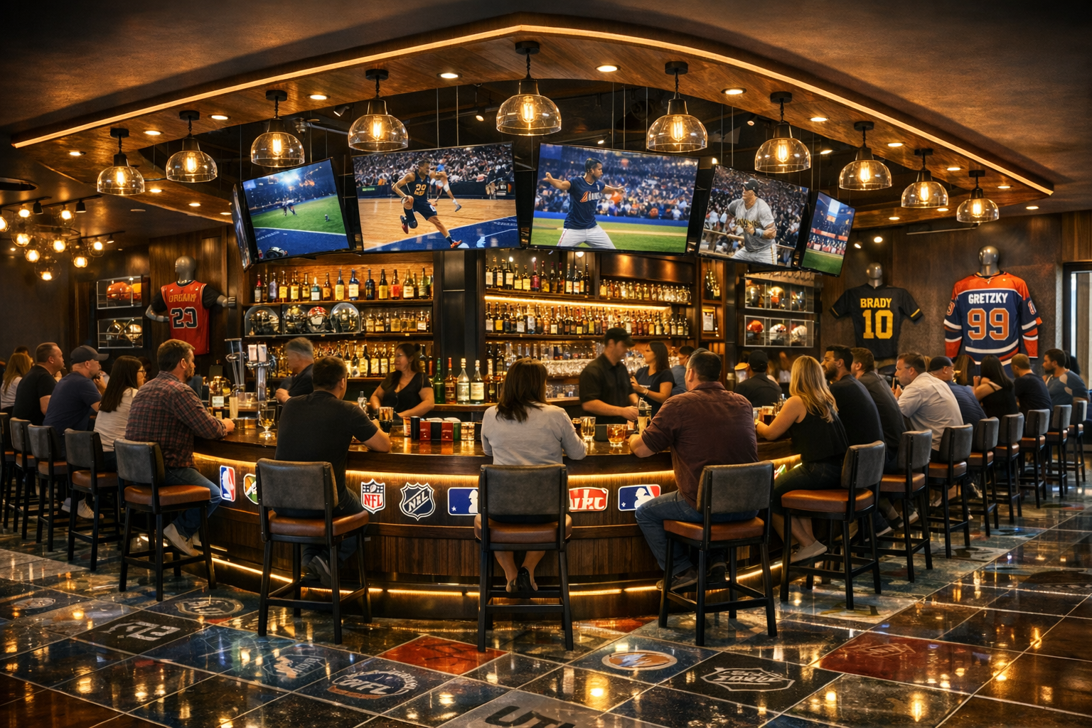 People sitting at a round bar in a sports bar, watching multiple TV screens showing sports games, with trophies and framed jerseys on the wall.