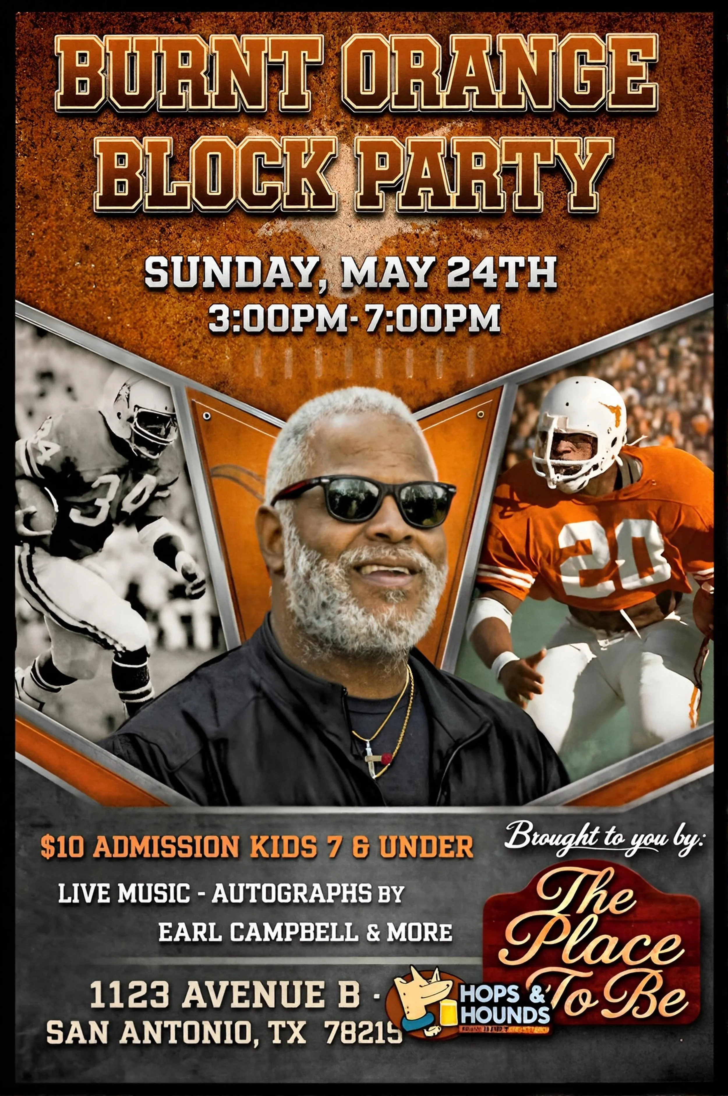 Event poster for the 'Burnt Orange Block Party' on Sunday, May 24th from 3:00 pm to 7:00 pm. The poster features images of football players and a man wearing sunglasses, with the event details, ticket price, and location in San Antonio, Texas.