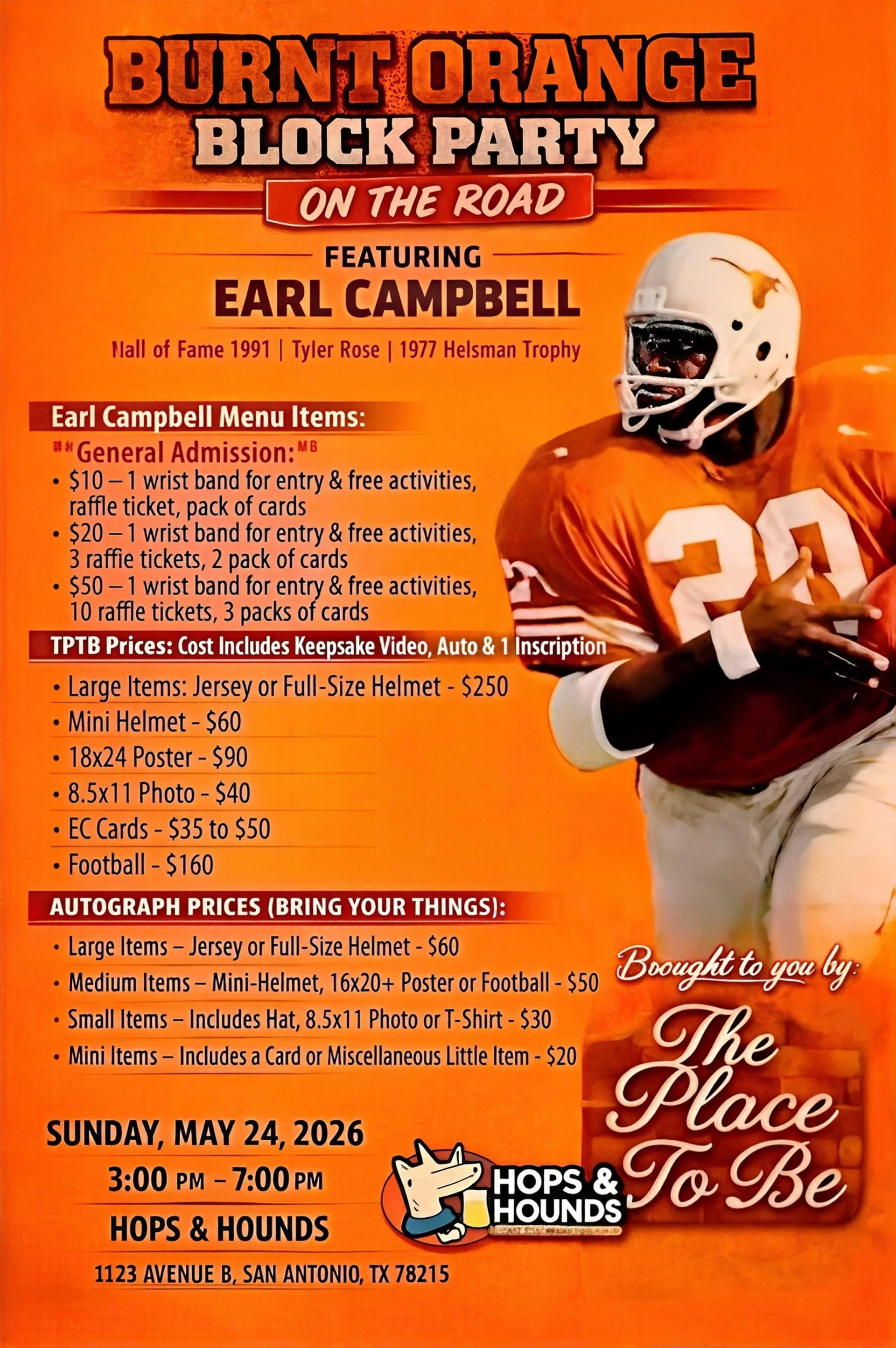 Flyer for Burnt Orange Block Party on the Road featuring Earl Campbell, with event details, tickets, merchandise, and food prices, and a picture of a football player in orange uniform and helmet.