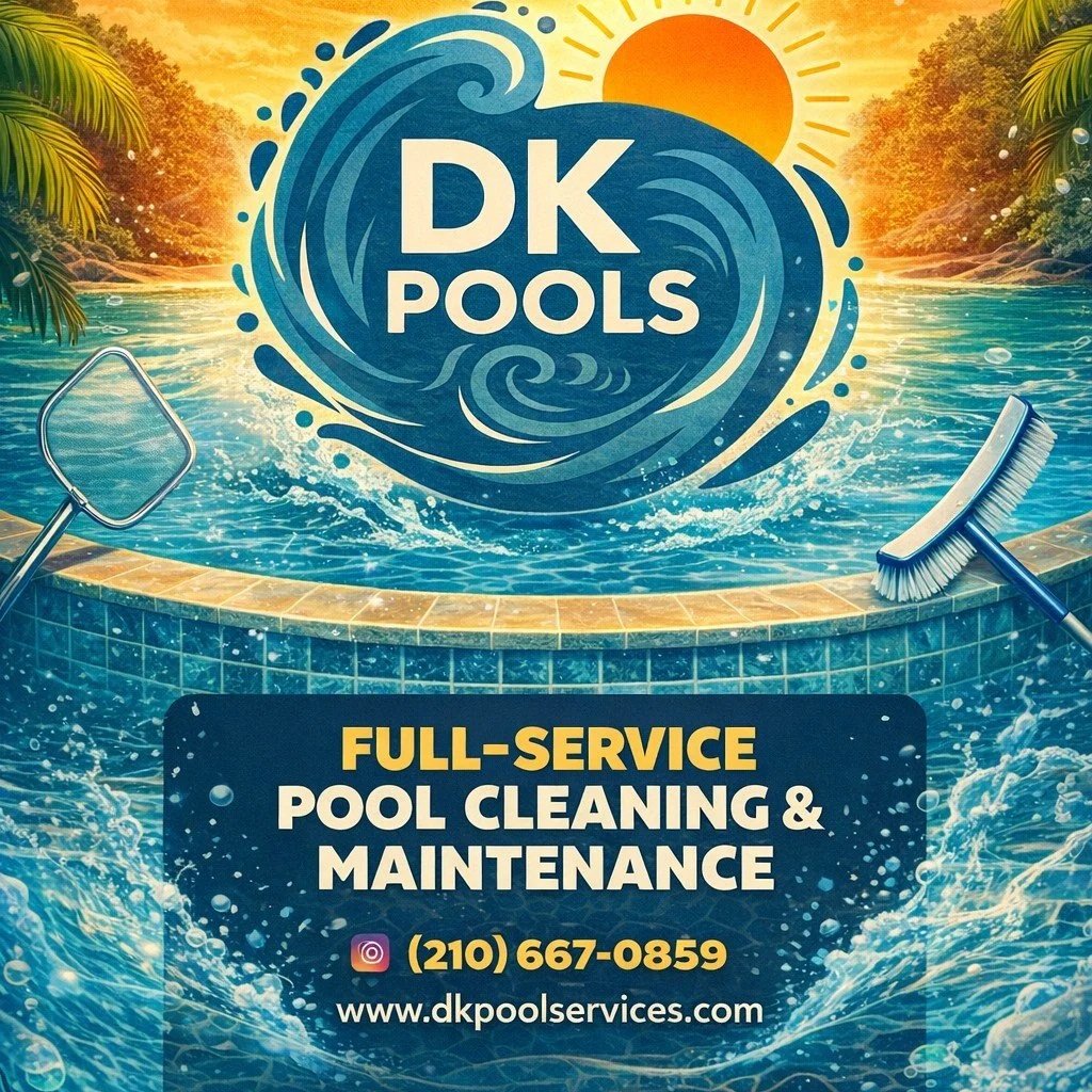 An advertisement for DK Pools featuring a swimming pool with water splashing, surrounded by tropical trees, with a sun and waves in the background. Text promotes full-service pool cleaning and maintenance, including a phone number and website.