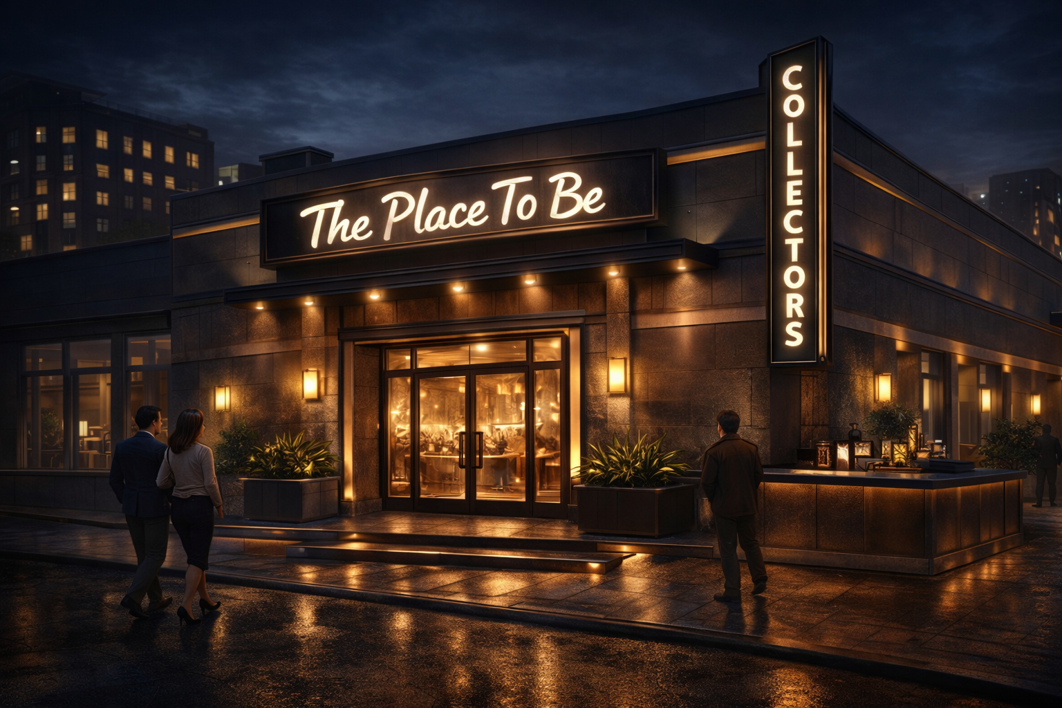 Nighttime view of a modern restaurant with illuminated signs that read "The Place To Be" and "Collectectors." The entrance is lit warmly, with people walking outside on a rainy street.