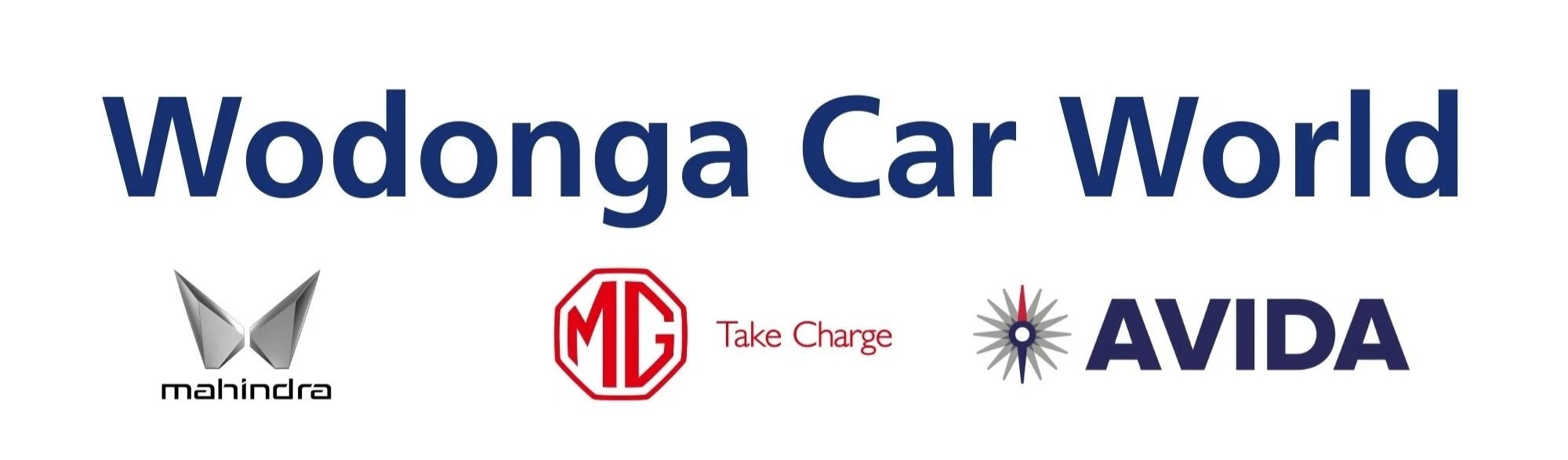 Logo of Wodonga Car World with logos of Mahindra, MG, and Avida, and the tagline "Take Charge."