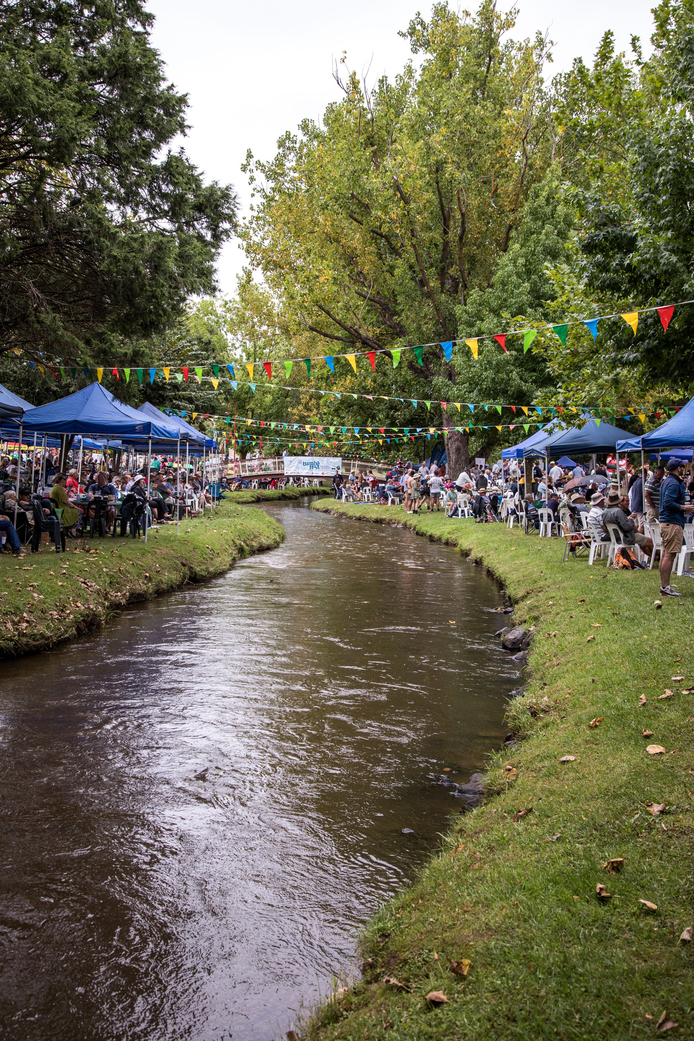 A crowded outdoor event beside a small waterway, with tables, tents, and people gathered under trees decorated with colorful pennant banners.