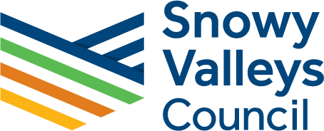 Logo of Snowy Valleys Council with stylized mountain and stripe graphics