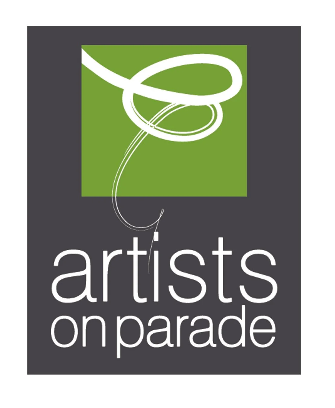 Logo for 'Artists on Parade' featuring a green square with a white abstract line art in the center and gray background.