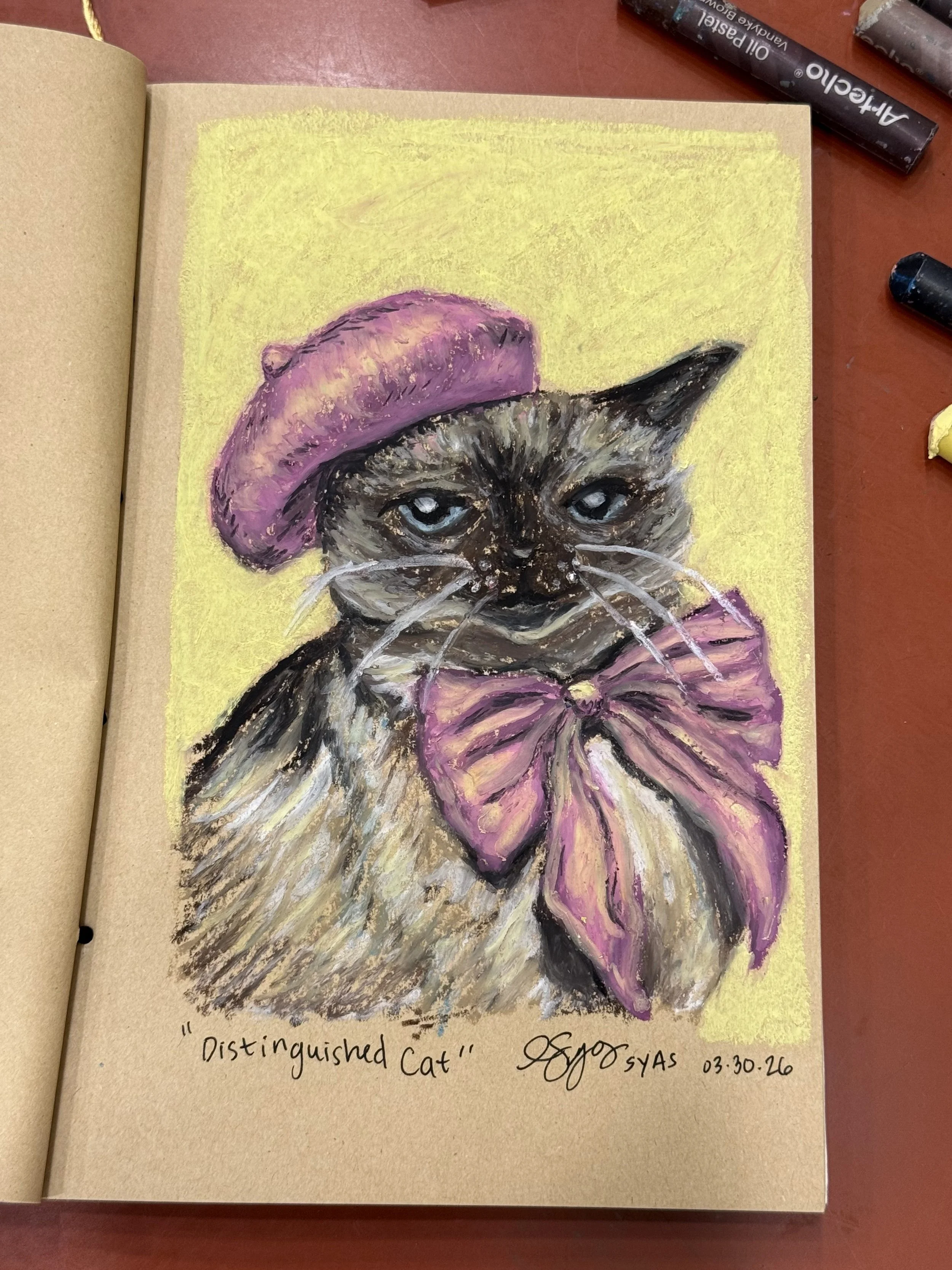 Distinguished Cat, 2026.
Oil pastel on toned paper