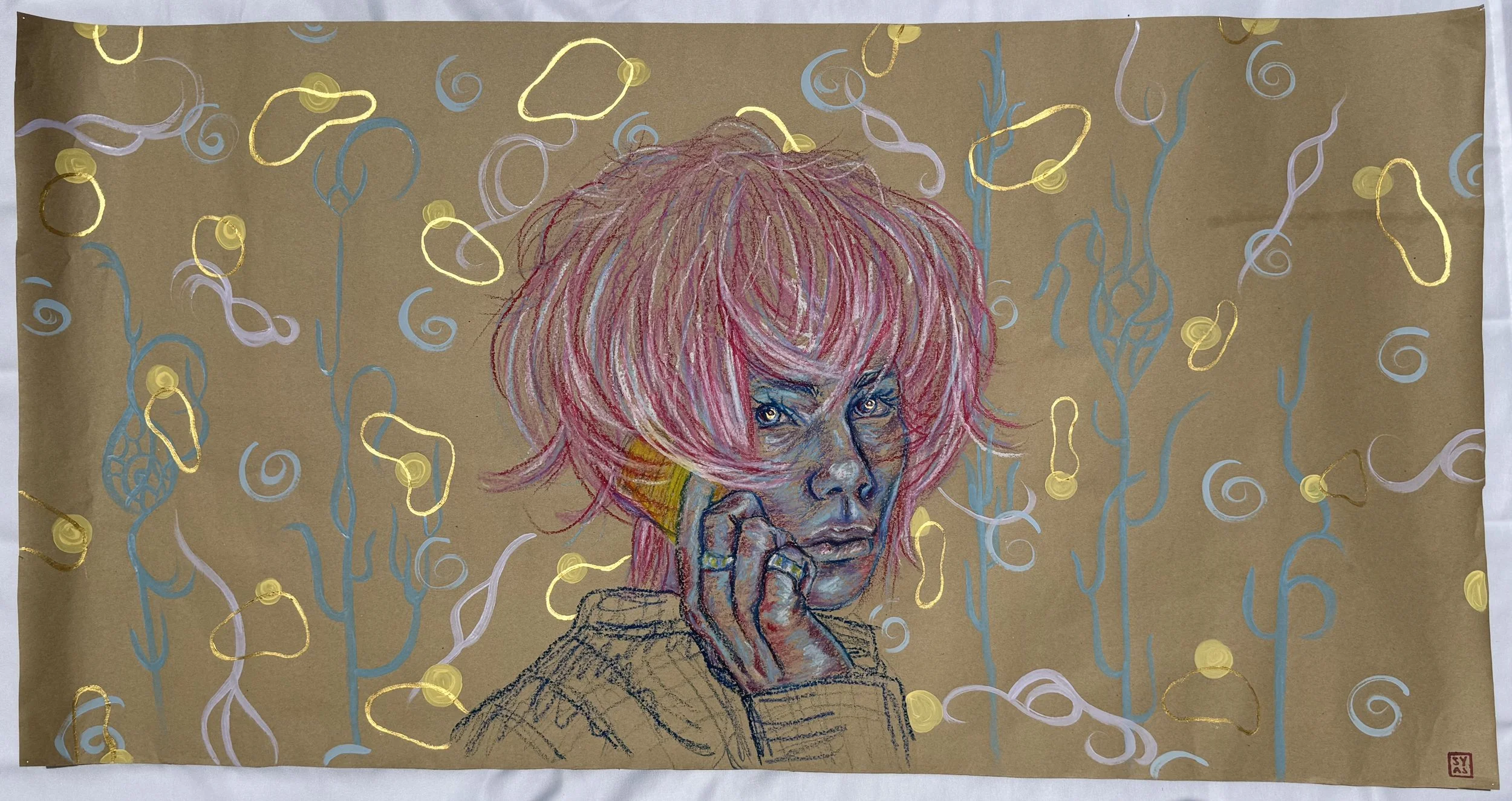E, 2022
Acrylic & oil pastel on toned paper
25 x 48 inches