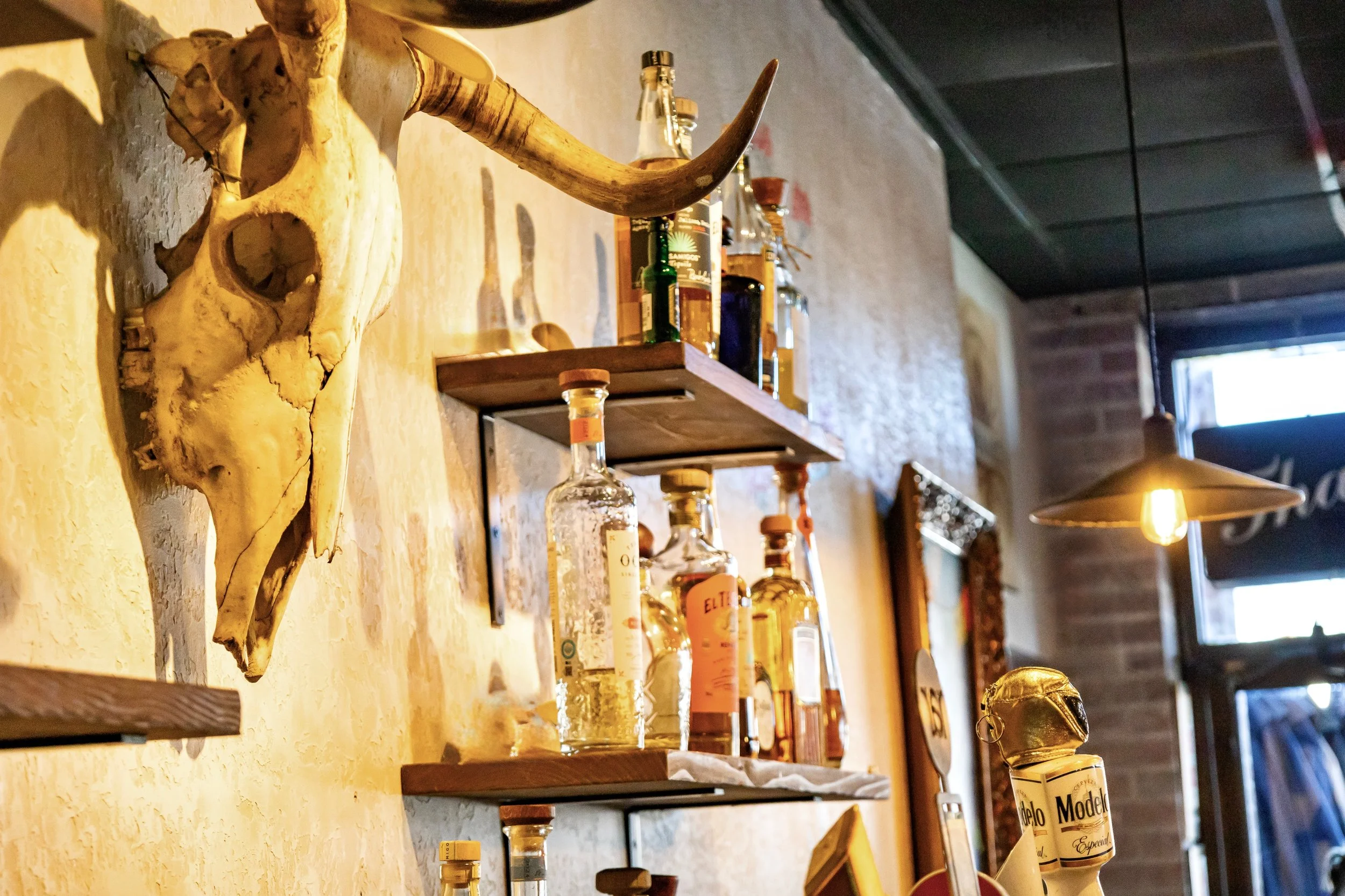 A rustic bar shelf displaying various liquor bottles, with a decorative animal skull with horns in the foreground on a wooden surface. The background includes a chalkboard menu and a window with natural light.