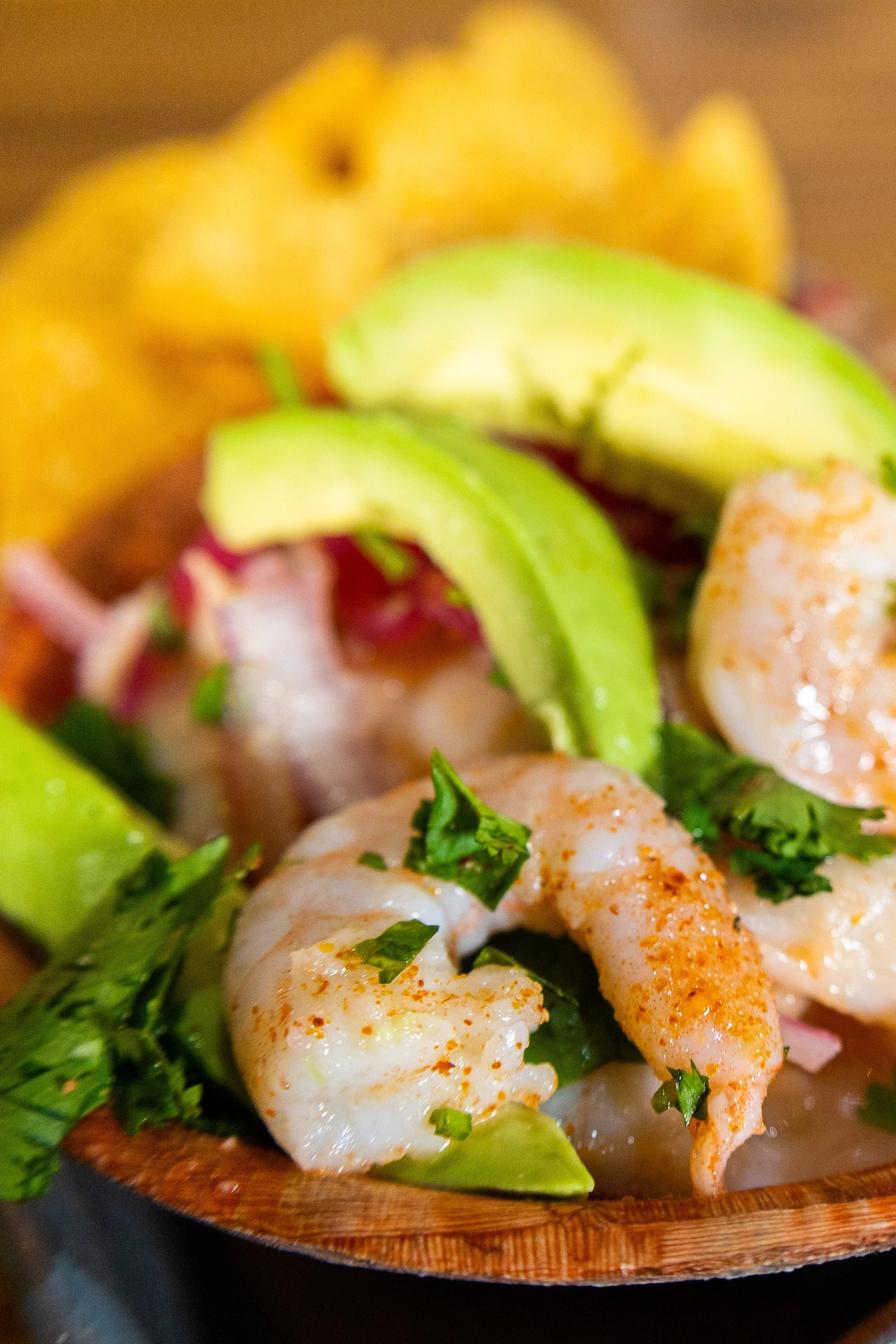 shrimp ceviche with avocado on top