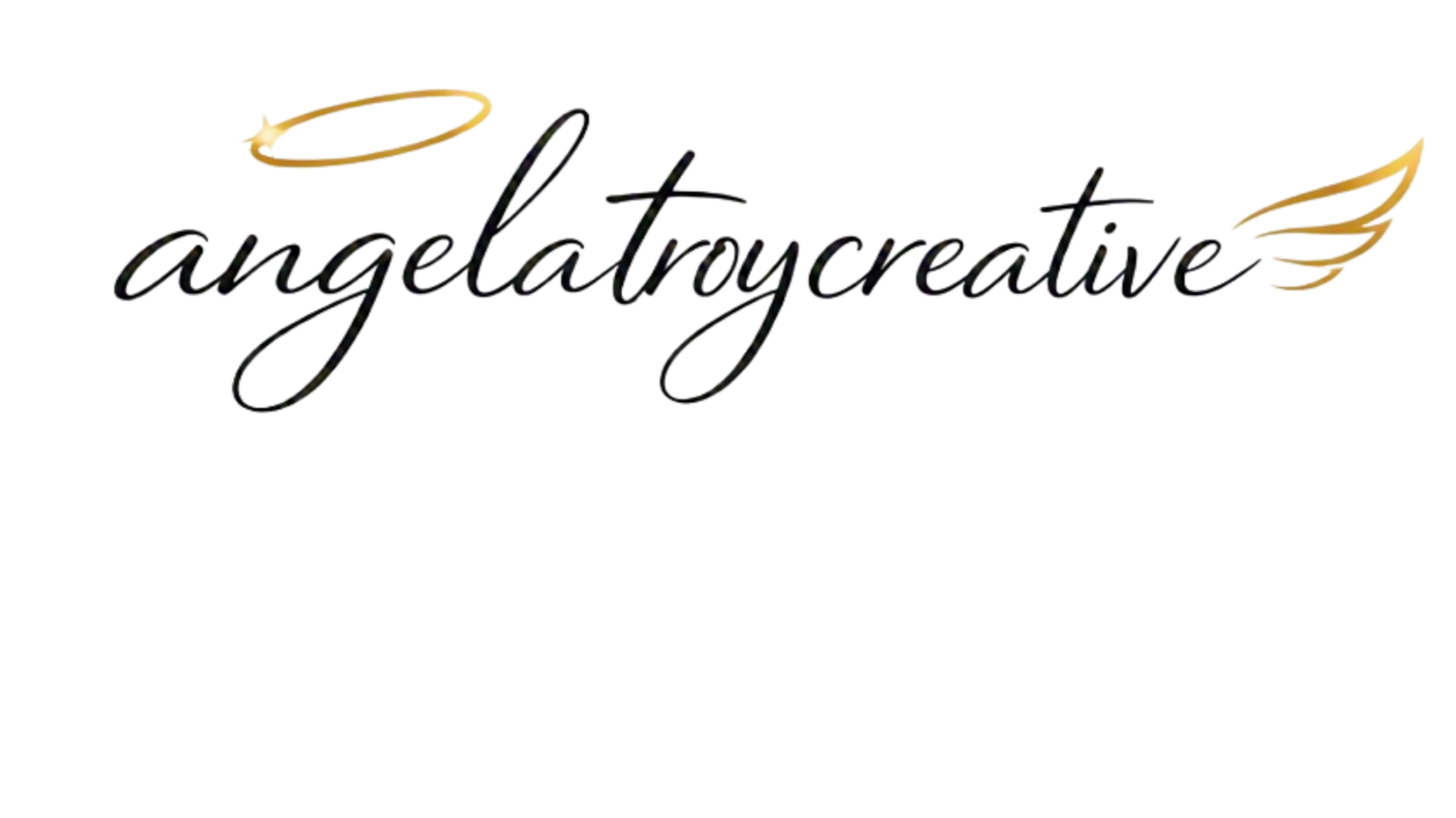 The image features a decorative logo with the word 'angelatroycreative' written in cursive, black font, with a gold halo above the letter 'a' and gold angel wings on the right side of the logo.