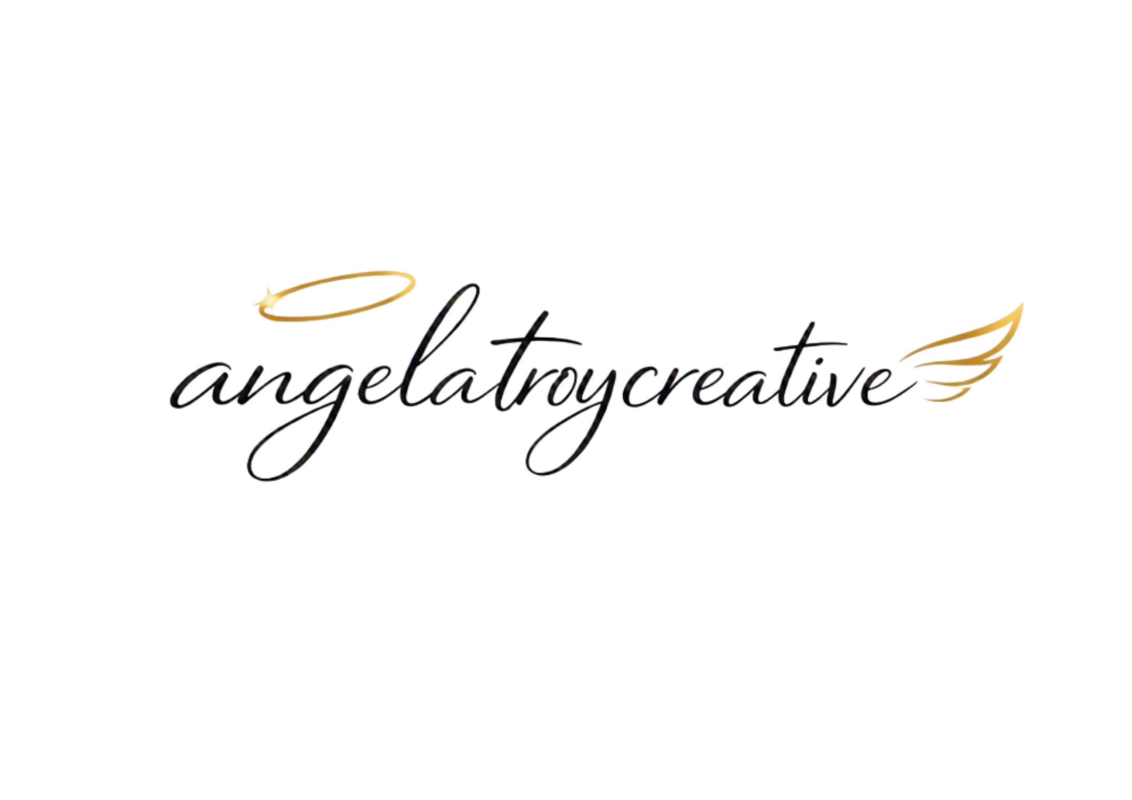 The image features a decorative logo with the word 'angelatroycreative' written in cursive, black font, with a gold halo above the letter 'a' and gold angel wings on the right side of the logo.