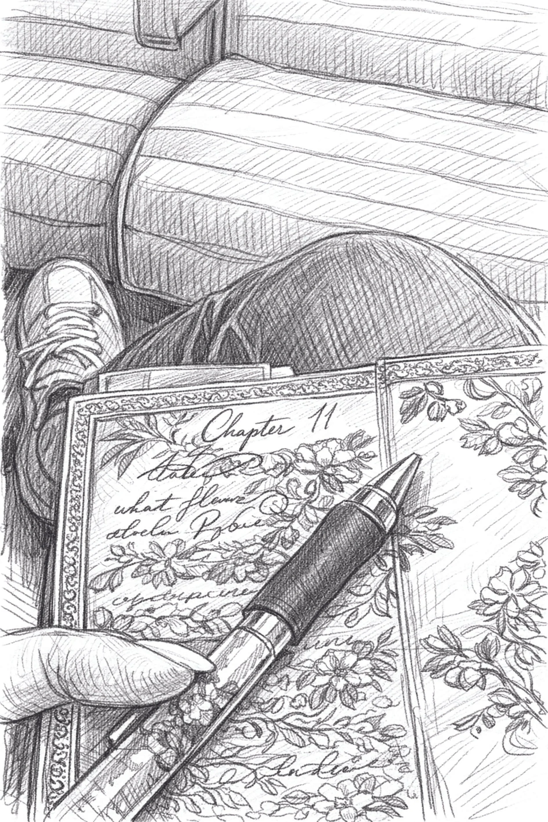 A detailed pencil sketch of a person holding a black pen or marker, with various books and a decorative address book titled "Chapter 11" on a floral patterned cloth or surface nearby.