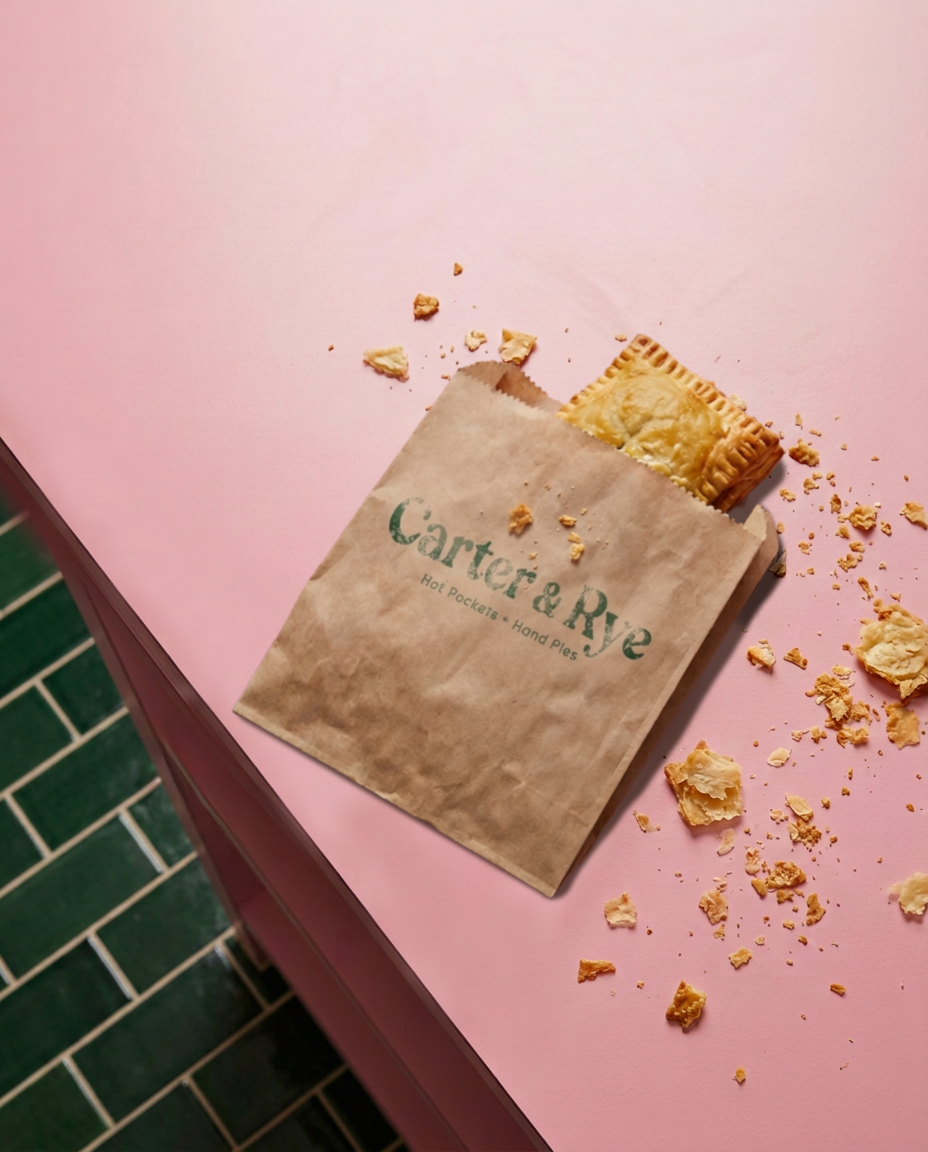 A pastry bag with the Carter & Rye logo stamped on the front and a hand pie sticking out of it, surrounded by pastry crumbs.