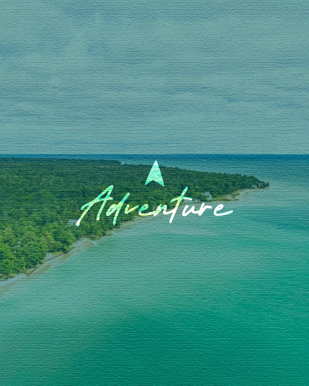 Aerial view of a green island surrounded by water with the word 'Adventure' in the center.