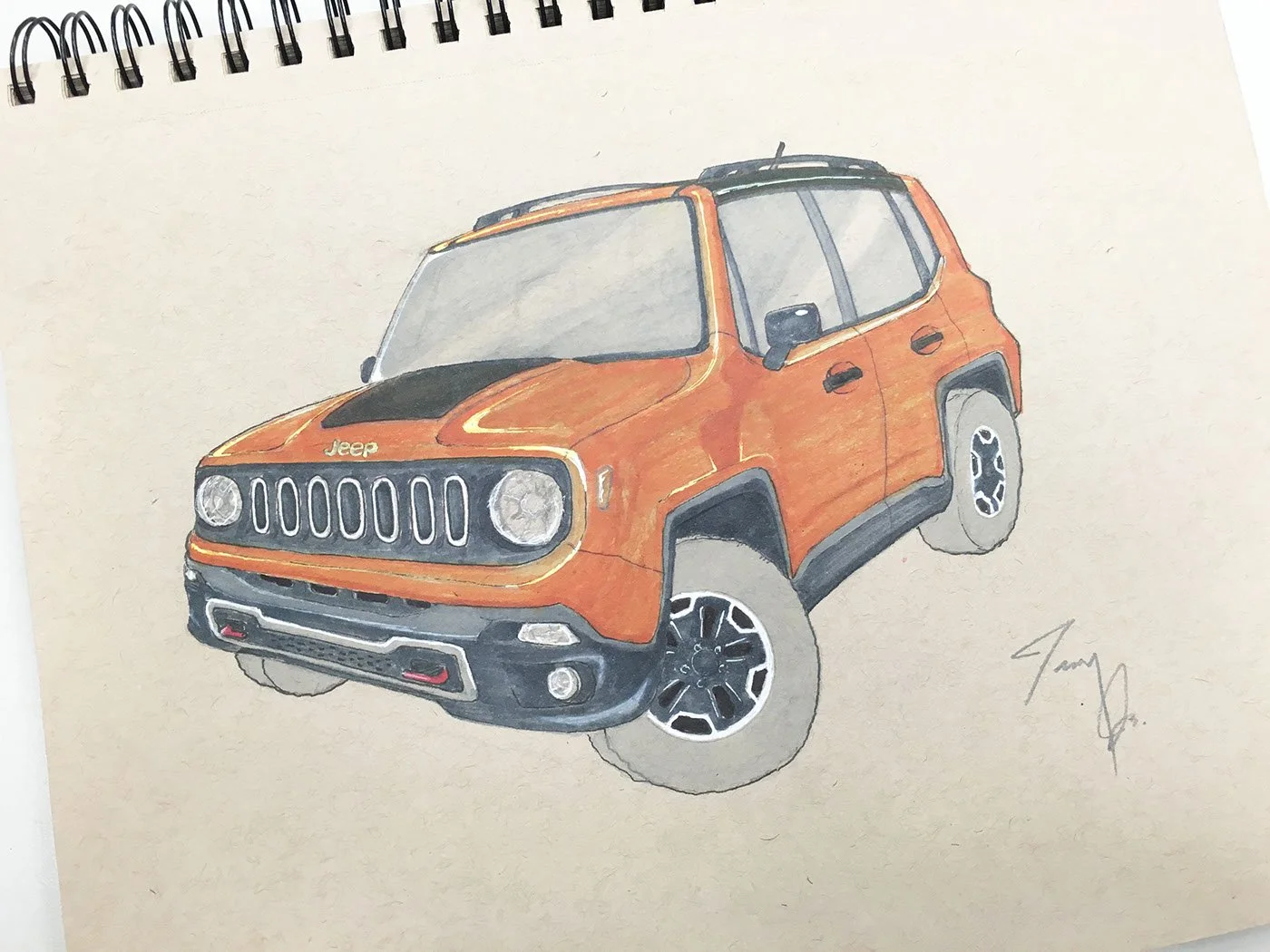 Colored sketch of an orange Jeep SUV with black accents, signature at bottom right.