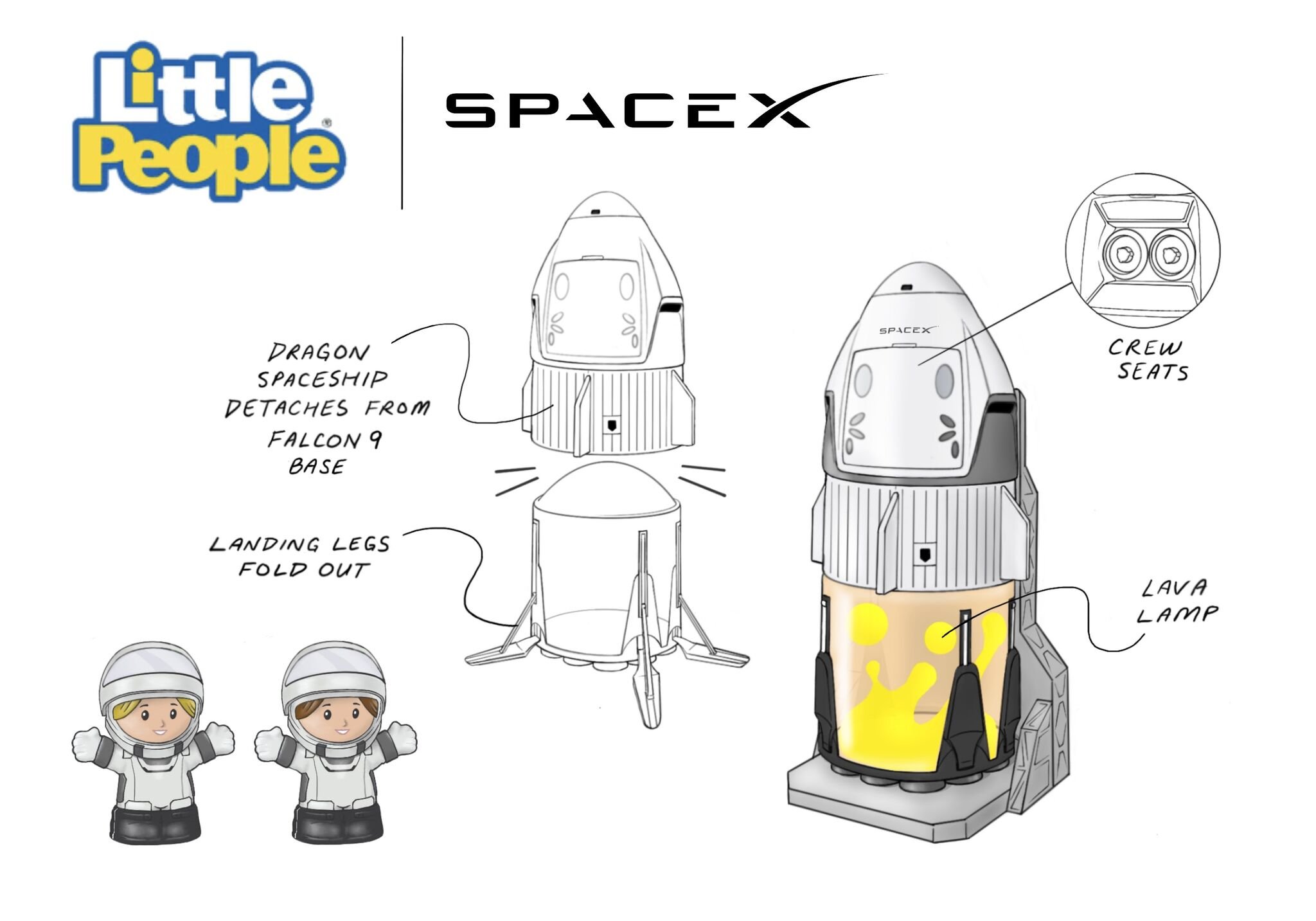 Diagram of a spaceship designed for Little People, featuring detachable Dragon spaceship from Falcon 9 base, landing legs that fold out, crew seats, a lava lamp, and an astronaut figure in a spacesuit.