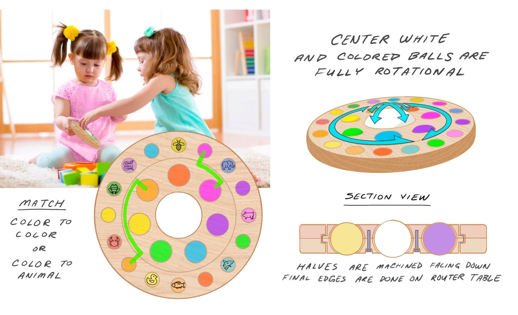 Two young girls playing with a round wooden game board featuring colored balls and animal icons, with accompanying illustrations and instructions on a white background.