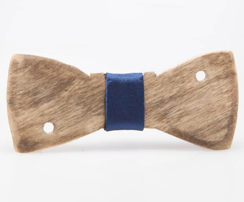 Wooden bowtie with a blue band in the center.