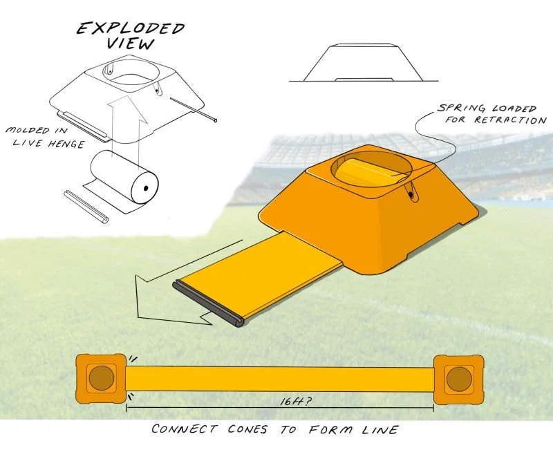 A technical schematic drawing of a retractable device with labeled parts including an exploded view, spring-loaded mechanism, and a connecting line with cones.