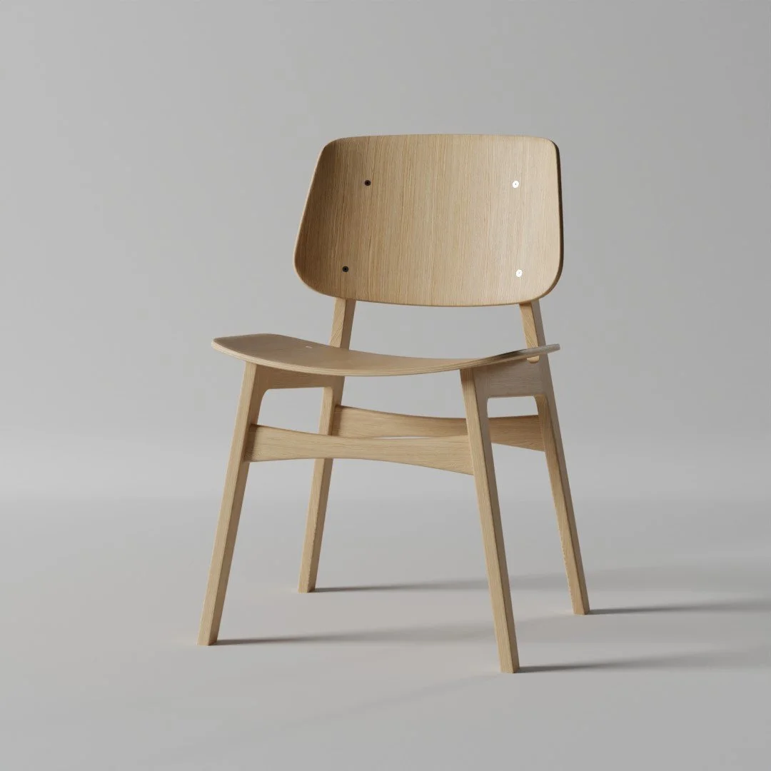 A light wooden chair with a simple design, set against a plain gray background.