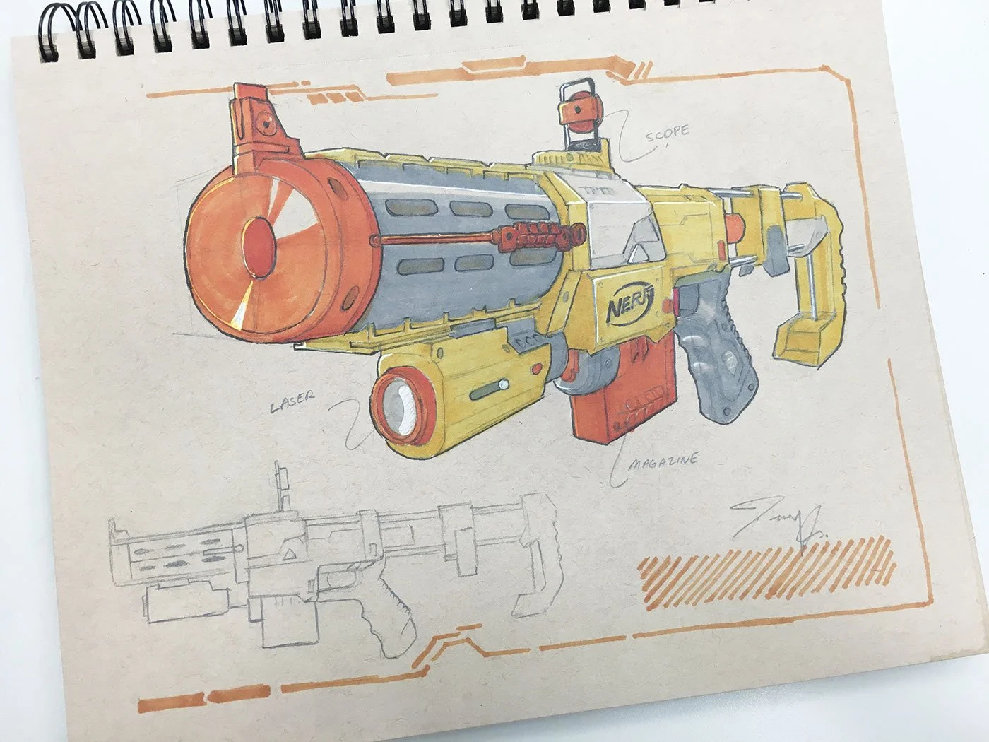 Hand-drawn design of a Nerf toy blaster with labeled parts including laser, magazine, and scope, on a sketch pad with additional technical drawing.