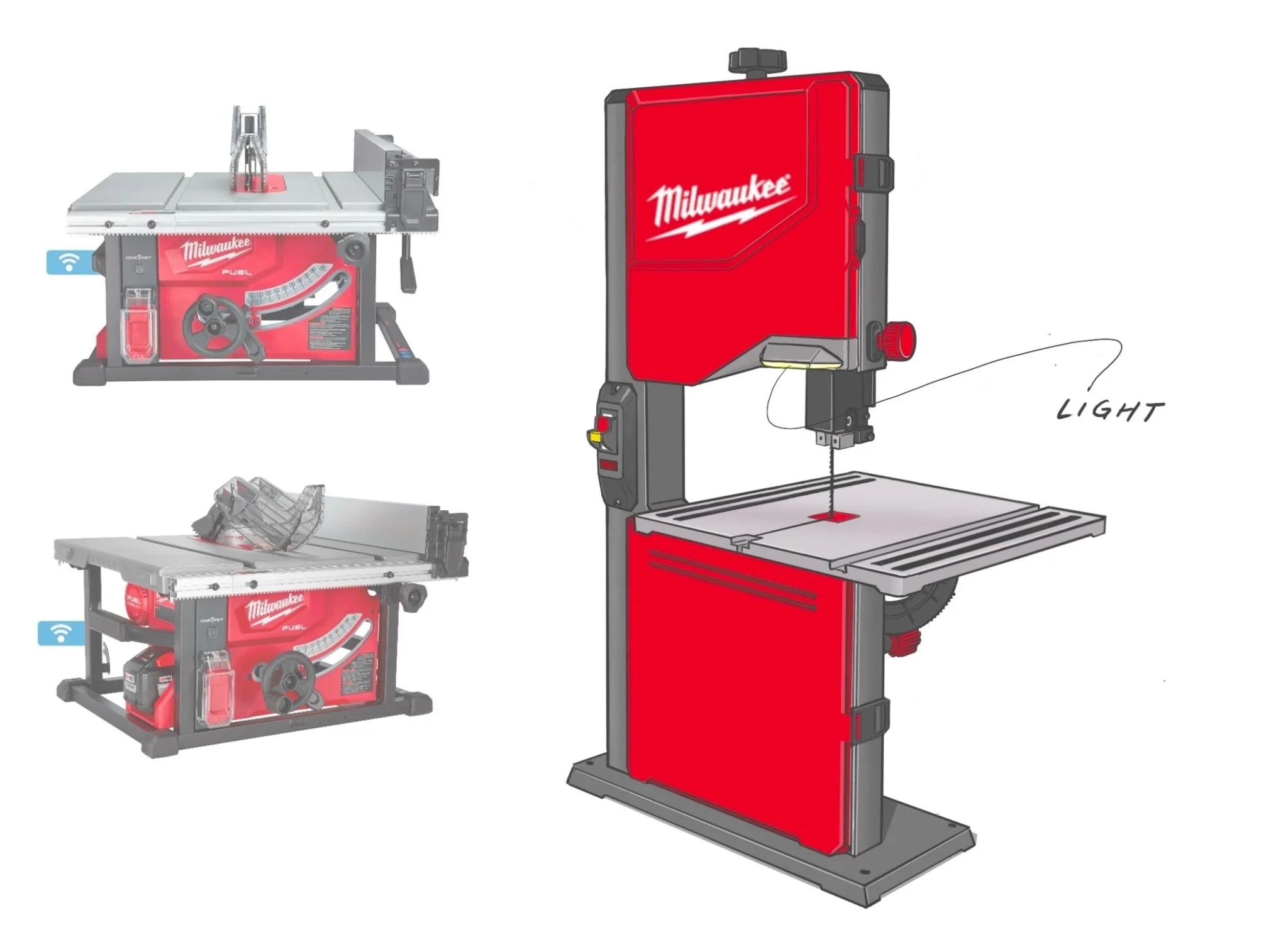 Illustration of Milwaukee power tools including a miter saw, a bandsaw, and a scroll saw, with the scroll saw featuring a red protective cover and a light indicator.