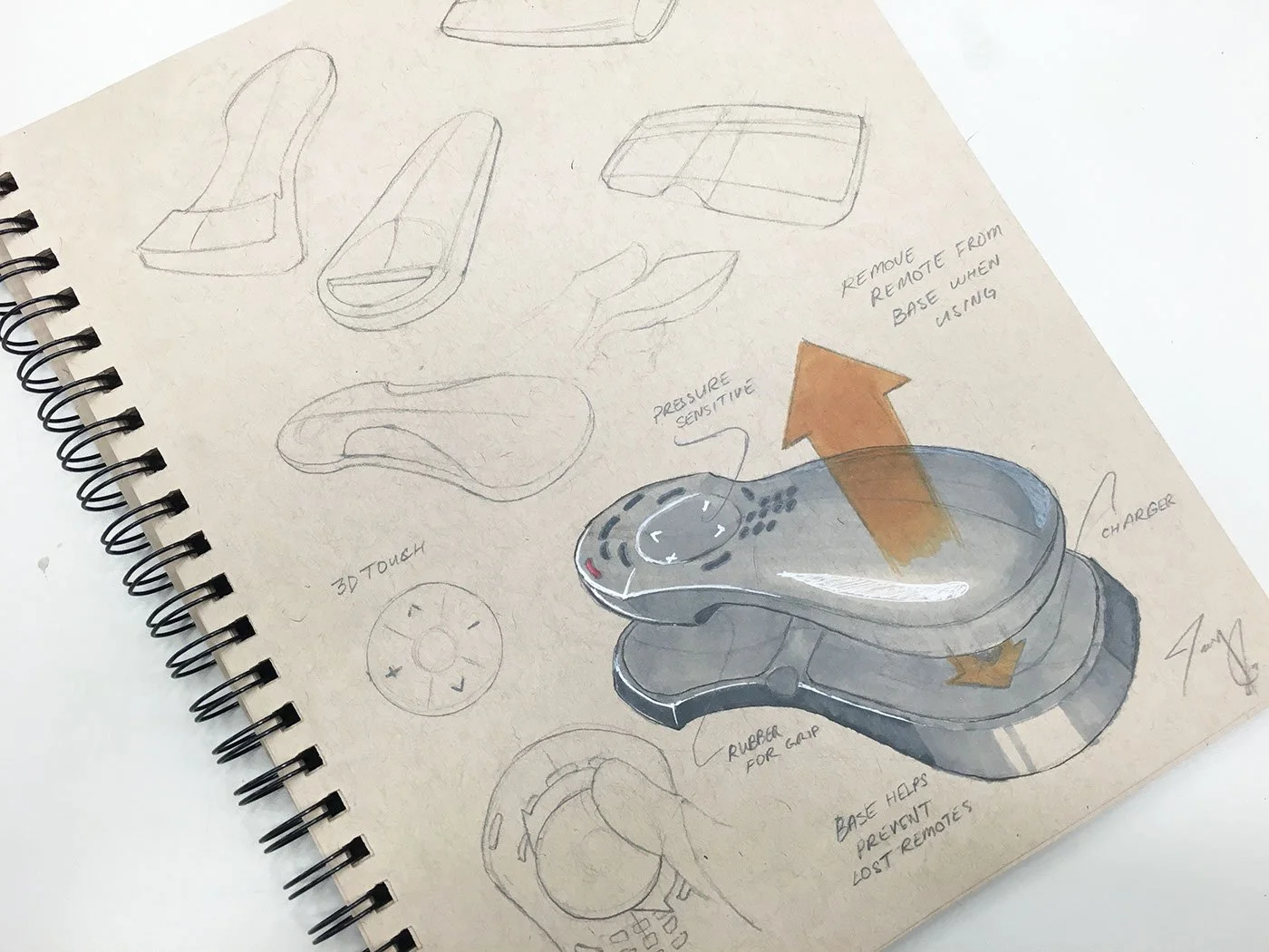 Sketch of a charging device with labeled parts, including a charger, base, and remote, showing features like pressure sensitive area, removal instructions, and a 3D touch button.