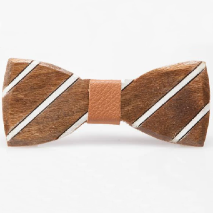Wooden bow tie with diagonal white and dark brown stripes