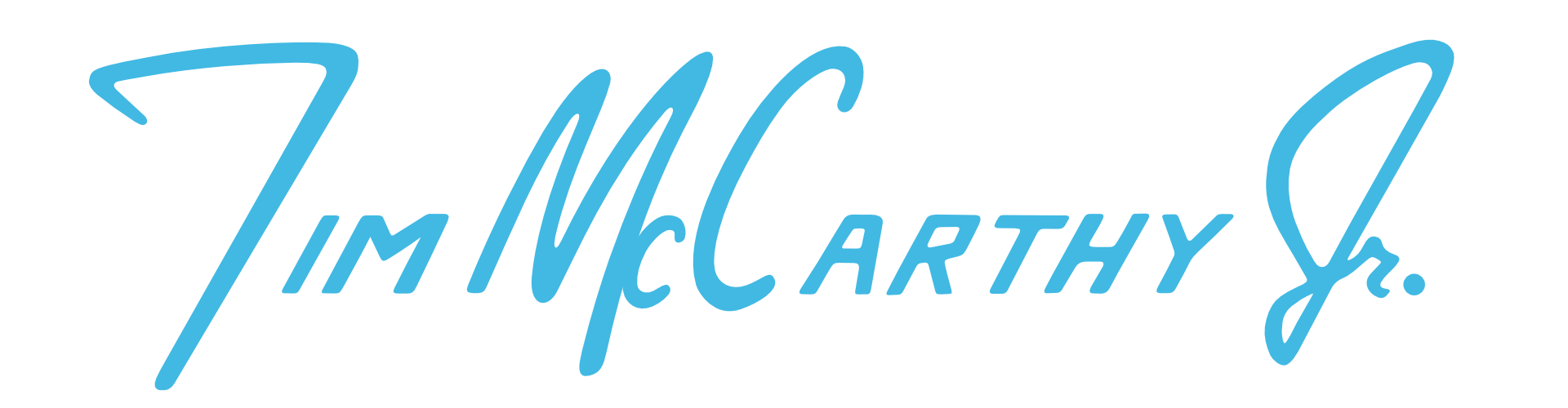 Tim McCarthy Jr. logo in blue cursive font on a transparent background.
