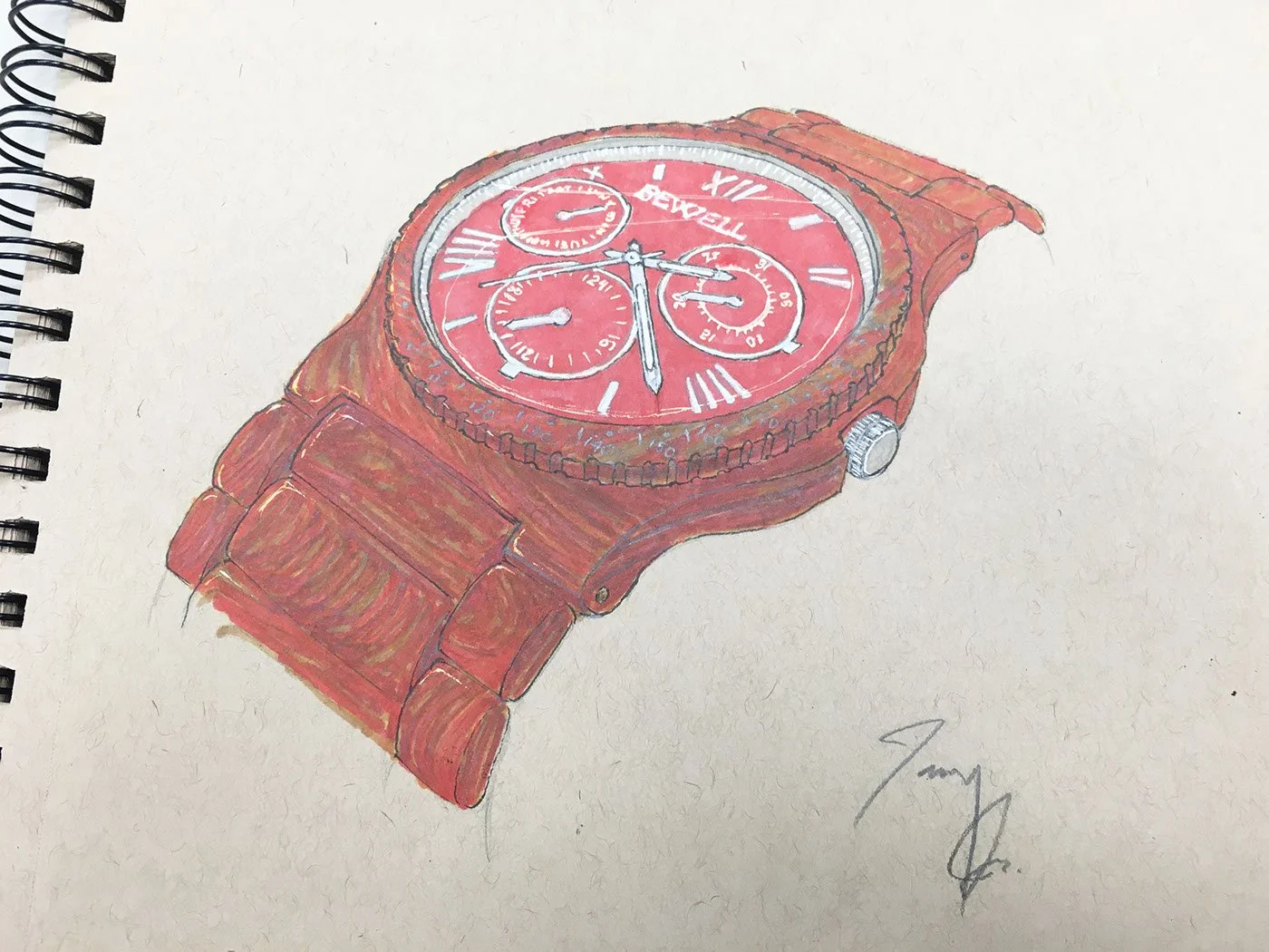 Colored sketch of a red wristwatch with a metal band, featuring multiple small dials and Roman numeral markers on the face.