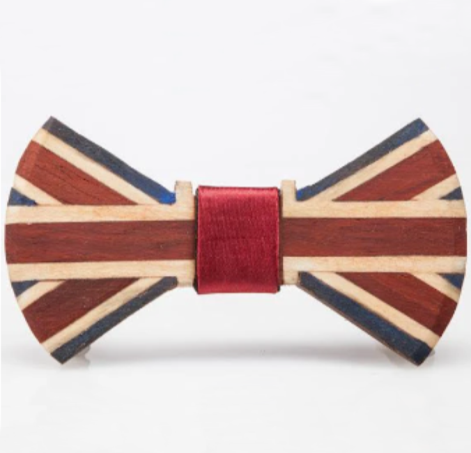 Wooden bow tie painted with the Union Jack flag design
