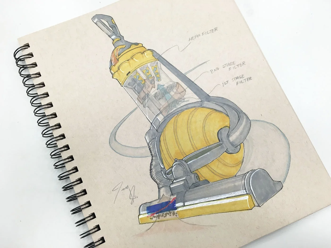 Drawing of a vacuum cleaner with labeled filters: HEPA filter, 2nd stage filter, and 1st stage filter.