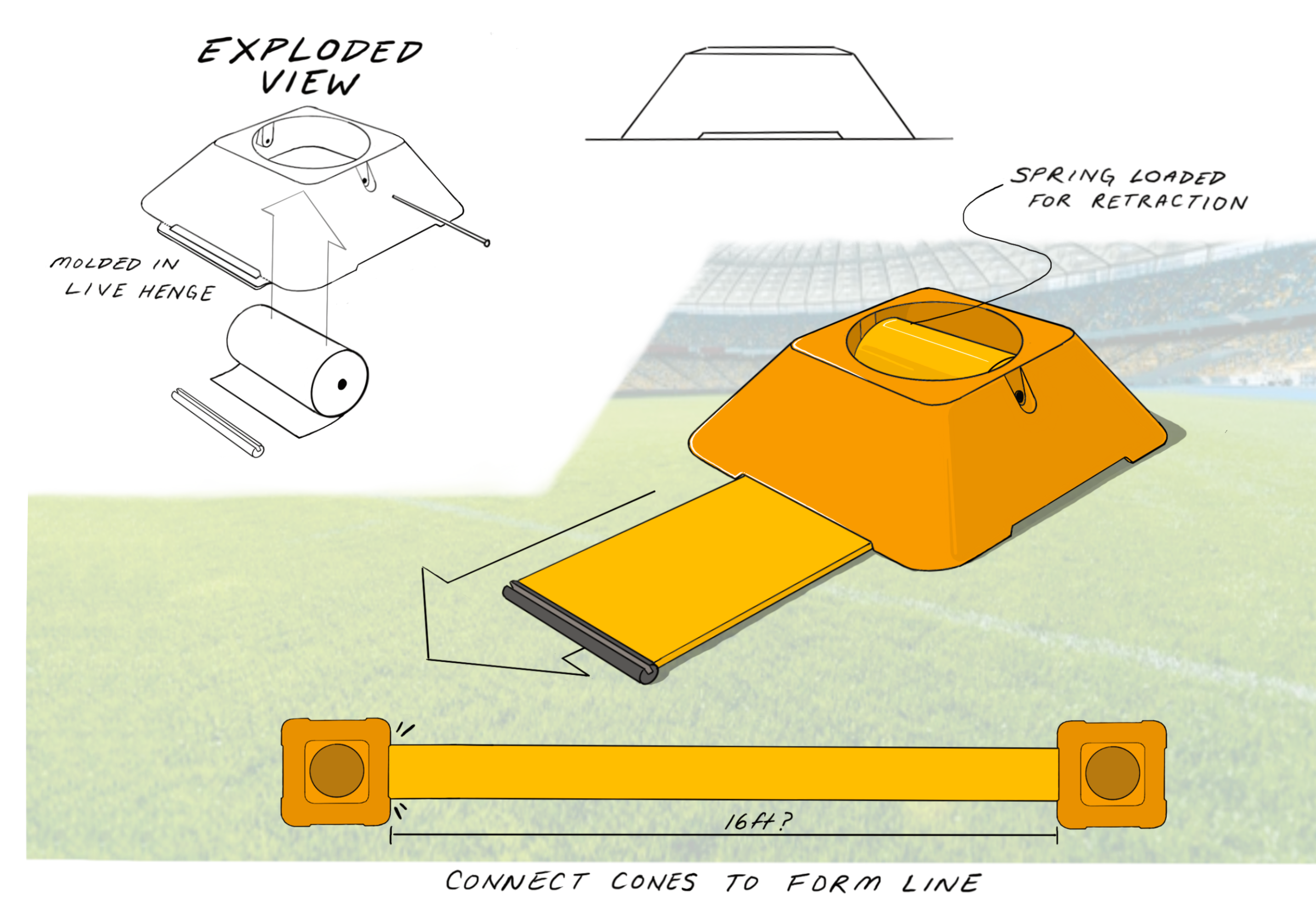 Diagram showing the components of a trench form with labels and instructions for assembly, including an exploded view, mold, spring for retraction, and measurement details.