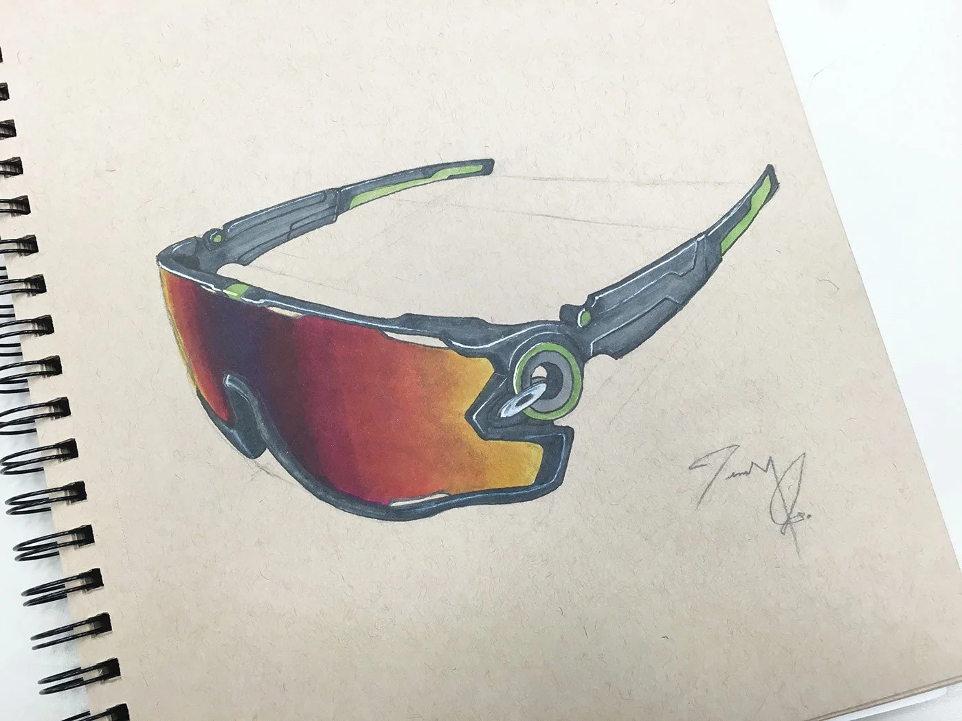 Colored sketch of futuristic sunglasses with a black frame and reflective orange-tinted visor, signed in the bottom right corner.