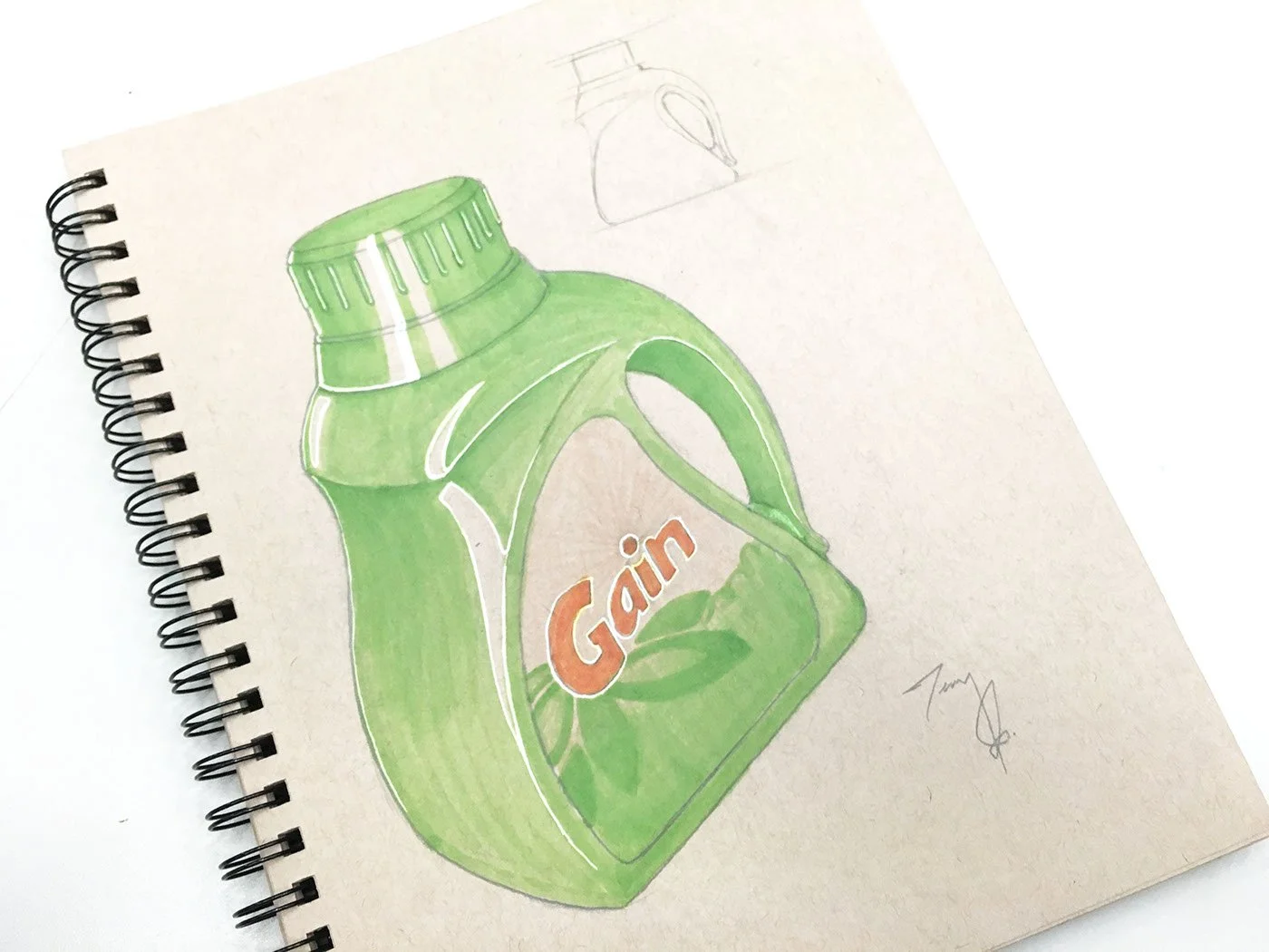 Colorful drawing of a Gain bottle on a sketchbook page, with a smaller outline of the same bottle above it.