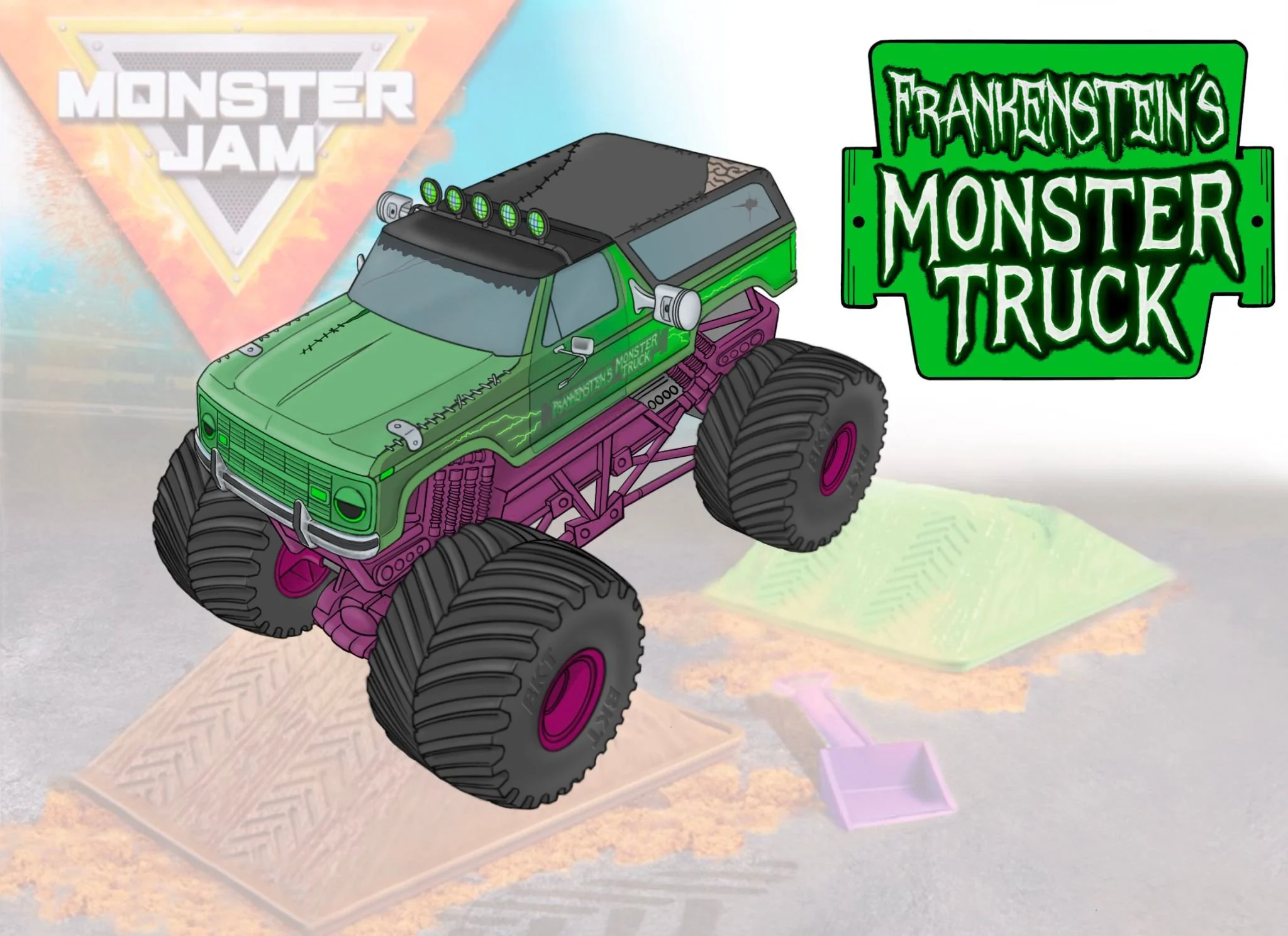 A digital illustration of a monster truck with green body, large black tires with purple rims, and a black roof with green lights. The background features logos for Monster Jam and Frankenstein's Monster Truck.