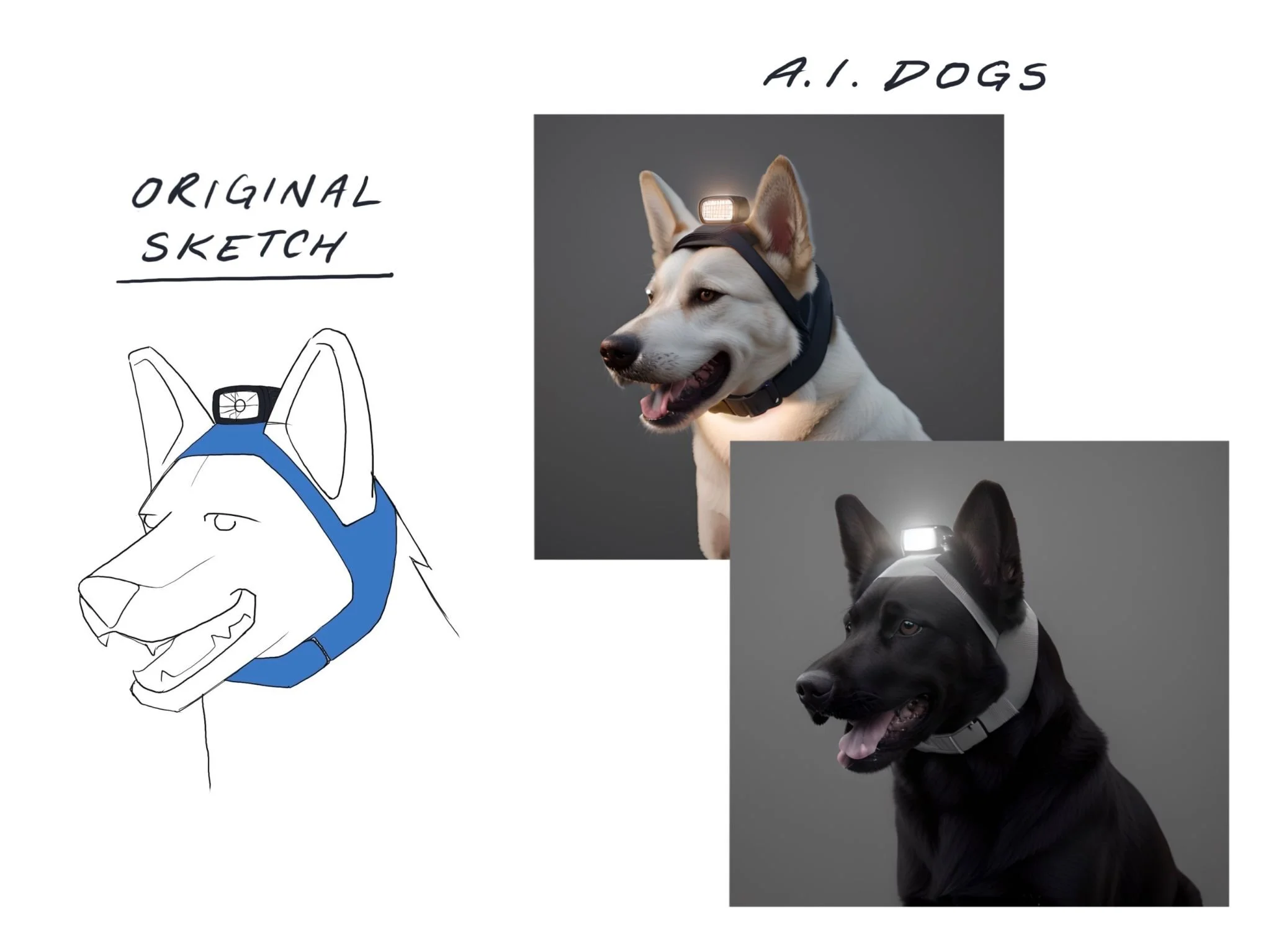 Collage of three images of working dogs with headlamps, including a Husky with a headlamp, a German Shepherd with a headlamp, and a black dog with a headlamp, accompanied by a black and white sketch of a dog wearing a harness and headlamp, with handw