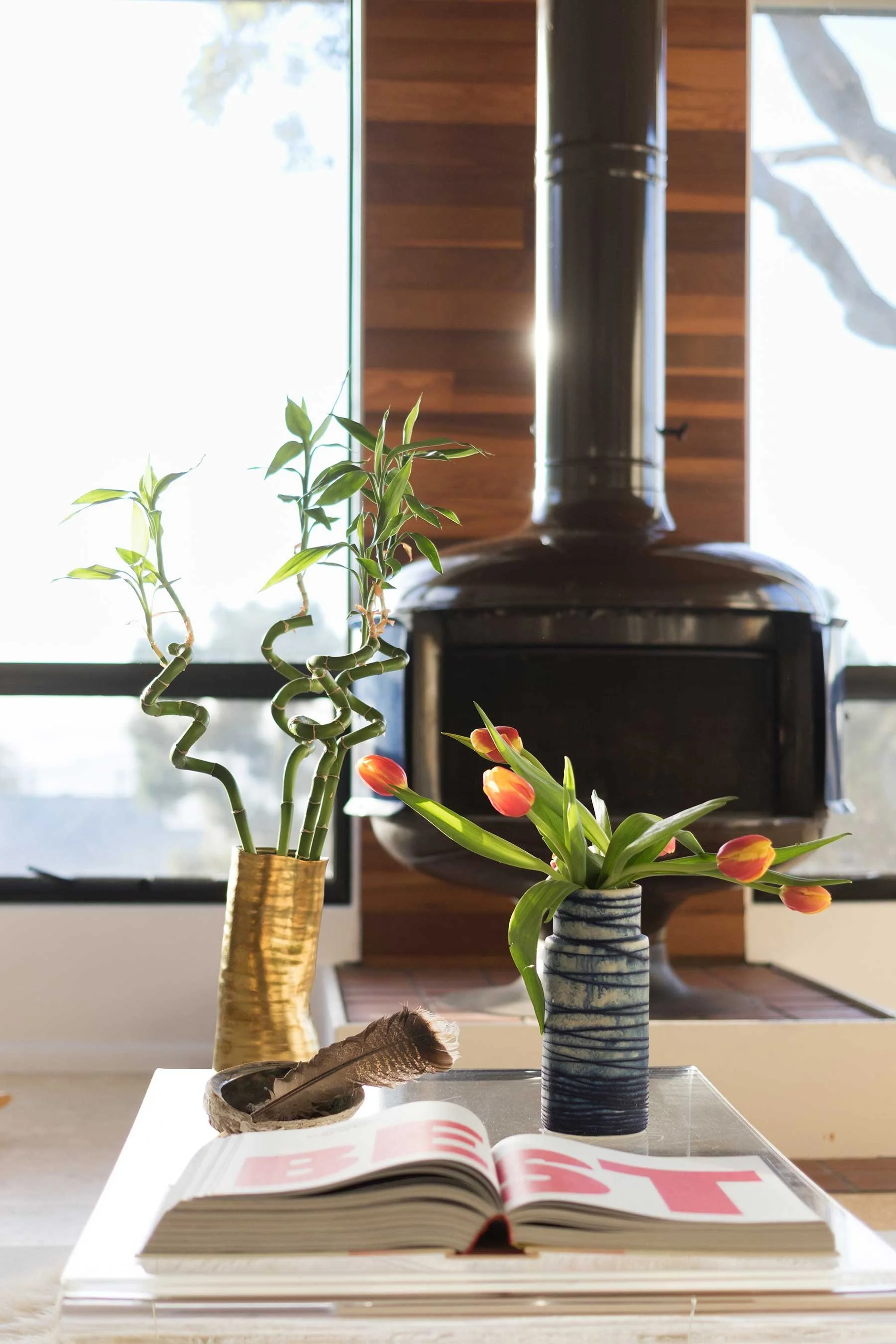 Vase with green and yellow variegated bamboo shoots, a second vase with orange tulips, an open magazine and a seashell on a white table, with a wood-burning stove and window in the background.