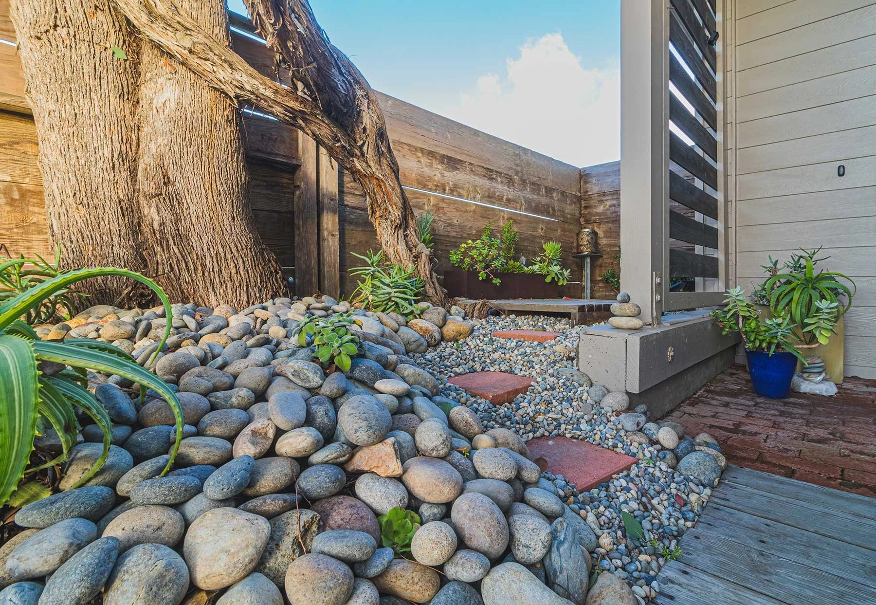 A cozy outdoor patio garden with a large tree, surrounded by smooth decorative rocks, potted and planted succulents, a wooden fence, and a beige siding wall with a gray door.