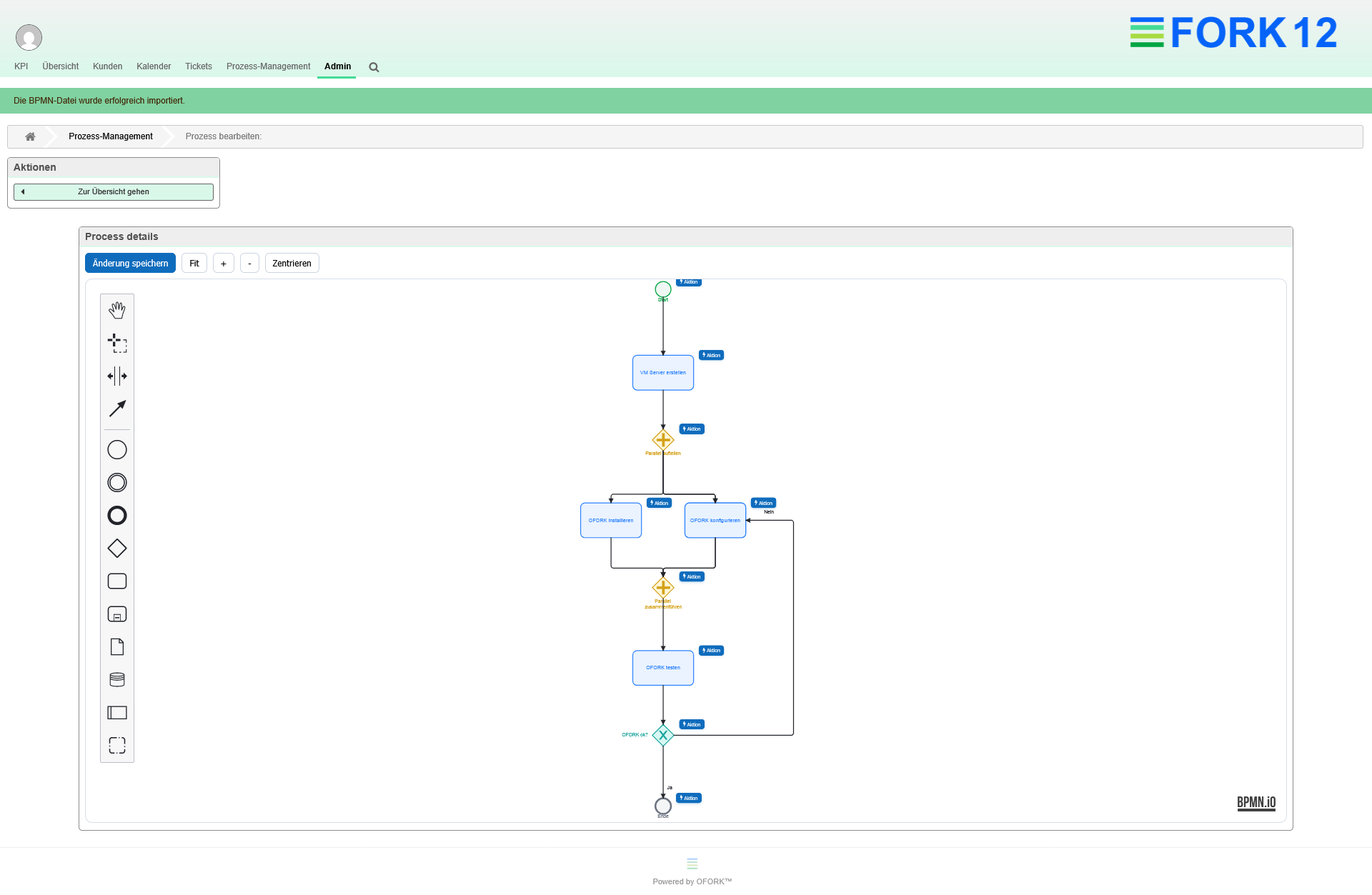 Screenshot of the OFORK 12 interface featuring a flowchart editor for automated process steps, including virtual server creation, configuration, and testing.