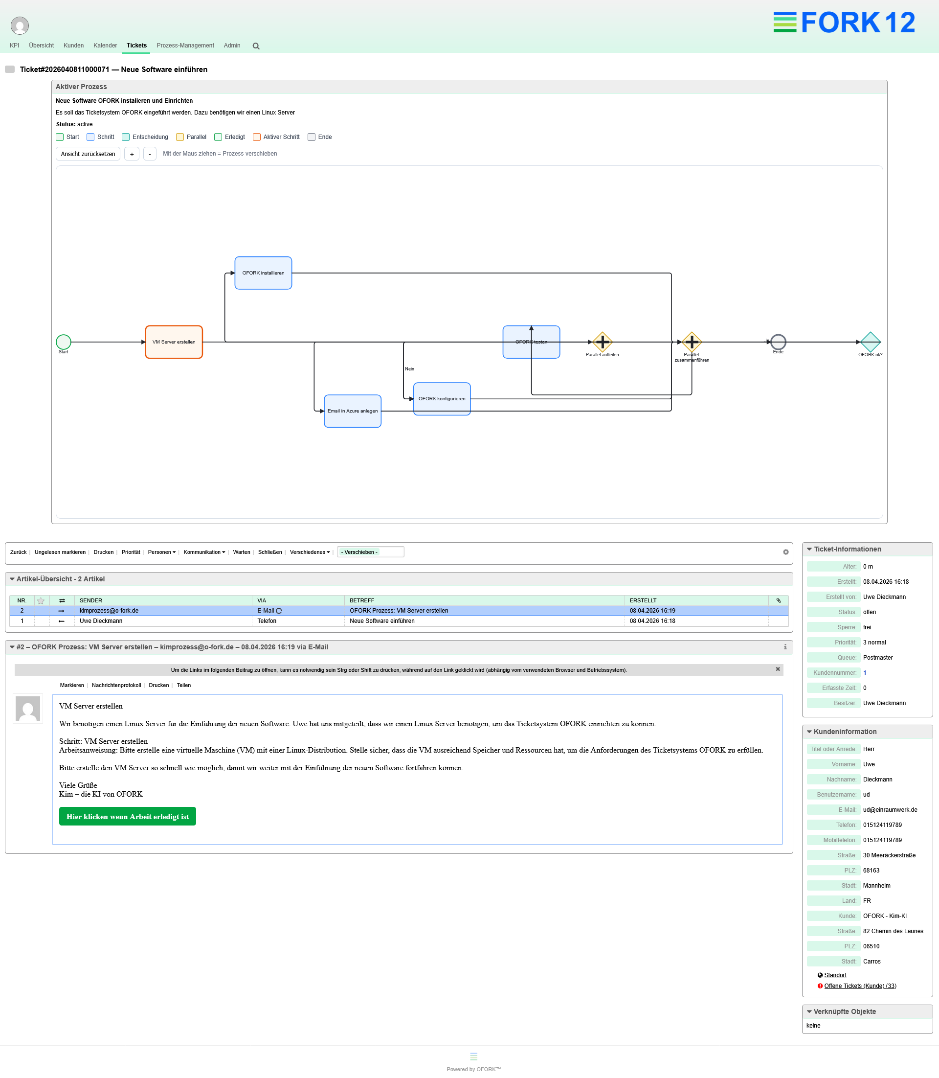 Screenshot showing software deployment process management on a Linux server within the OFORK ticketing system, including a workflow diagram, customer data, and detailed process steps.