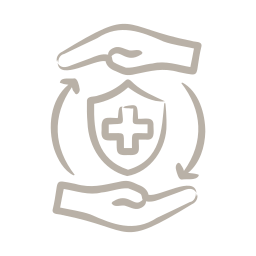Icon of two hands holding a shield with a cross, symbolizing protection and healthcare.