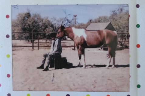 Person kneeling and petting a brown and white horse outdoors in a fenced area with trees and a building in the background. Darne, Ride Like Darne Scholarship